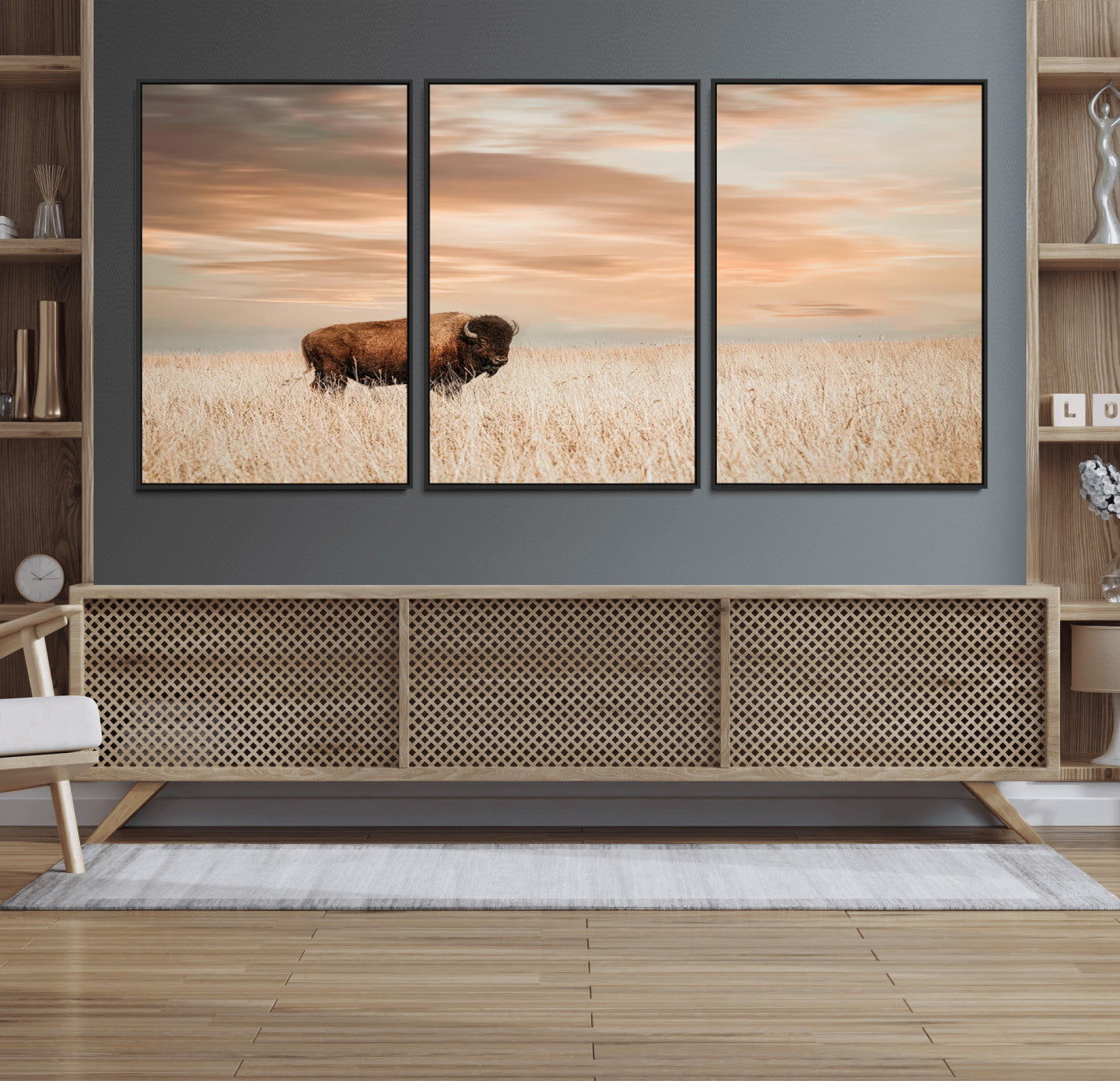20306324-MGV-FC-60X30-3P_Black-Bison Wall Art – Lone American Buffalo Prairie Sunset Canvas Print, Rustic Western Wildlife Photography Decor for Living Room,