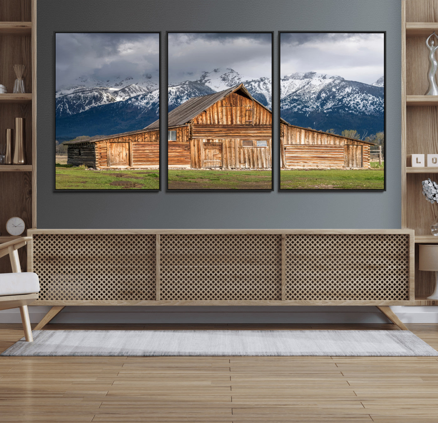 15173627-MGV-FC-60X30-3P_Black-Barn Wall Art – Rustic Wooden Cabin Canvas Print with Snowy Mountain Landscape, Western Farmhouse Country Decor for Living Room,