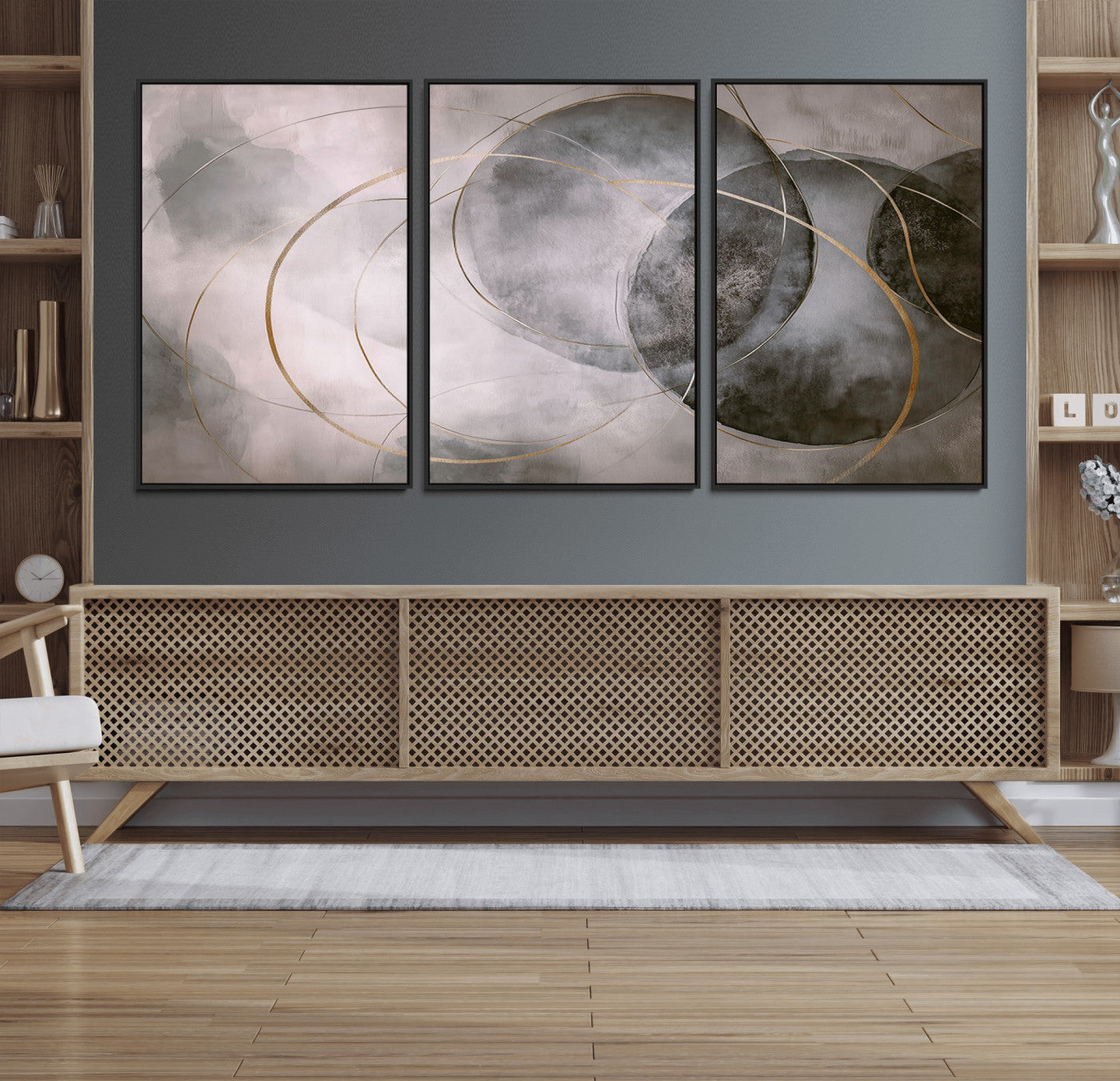 20066876-MGV-FC-60X30-3P_Black-Neutral Abstract Circle Wall Art – Modern Gray Beige Gold Canvas Print, Minimalist Geometric Painting for Bedroom, Living Room,