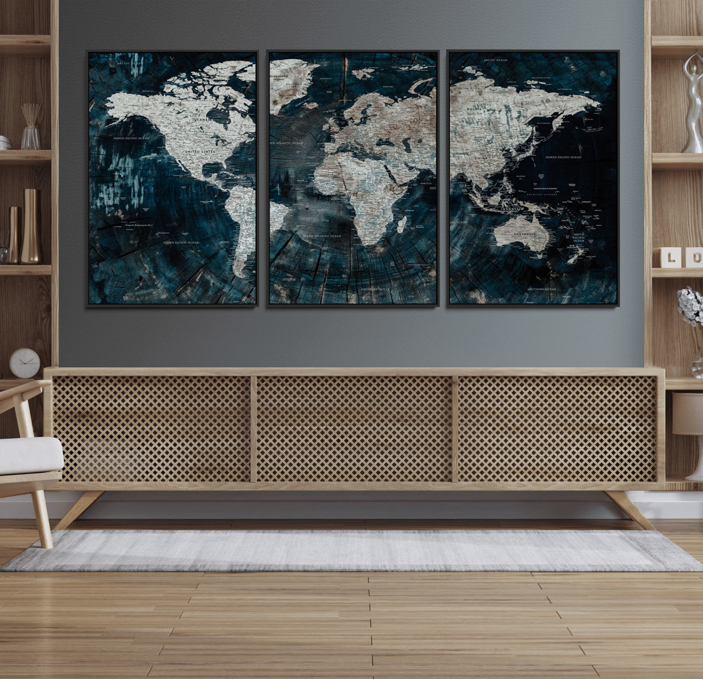 34425609-MGV-FC-60X30-3P_Black-World Map Wall Art – Rustic Navy and Grey Atlas Canvas Print, Distressed Explorer Map Artwork, Industrial Style Decor for Office,