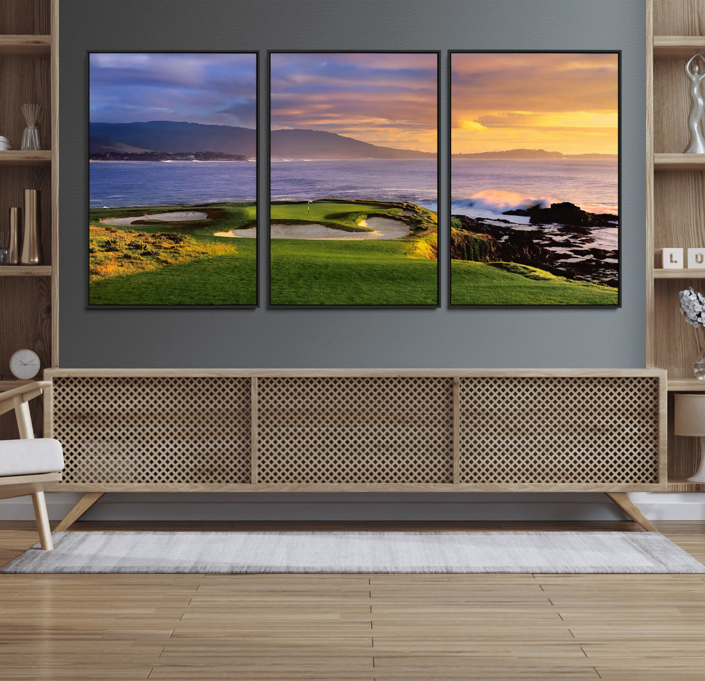 39644075-MGV-FC-60X30-3P_Black-Golf Course Wall Art – Coastal Sunset Canvas Print, Scenic Oceanfront Fairway Landscape Decor for Office, Man Cave, or Living Room