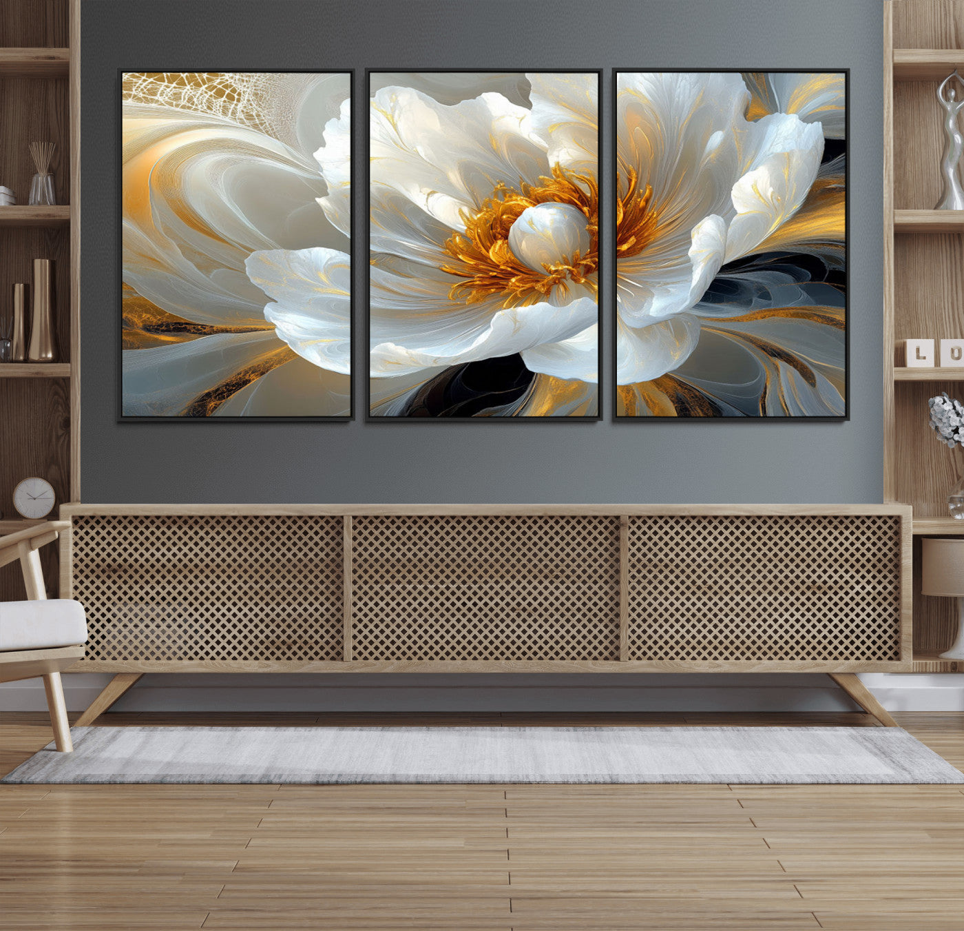 39604126-MGV-FC-60X30-3P_Black-Abstract Flower Wall Art – Elegant White and Gold Bloom Canvas Print, Modern Floral Artwork for Bedroom, Living Room, or Office