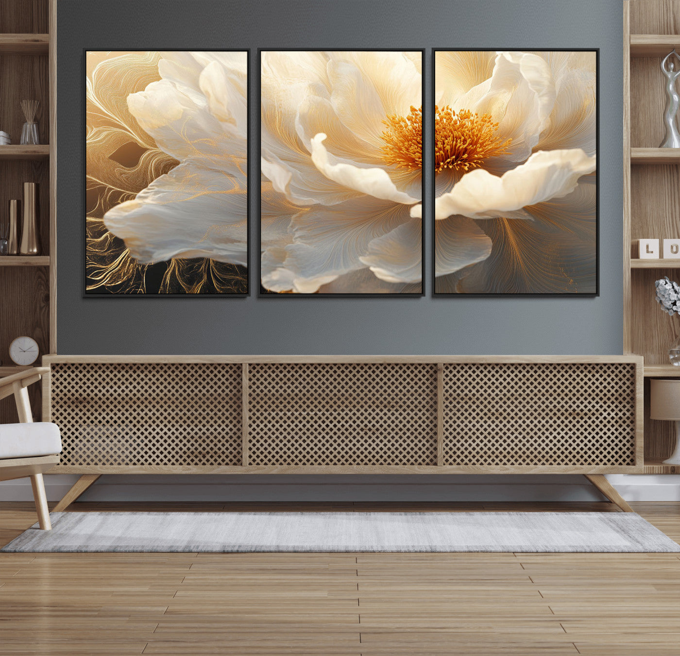 29539087-MGV-FC-60X30-3P_Black-Floral Wall Art – Elegant White and Gold Bloom Canvas Print, Romantic Modern Flower Artwork for Bedroom, Living Room, or Office
