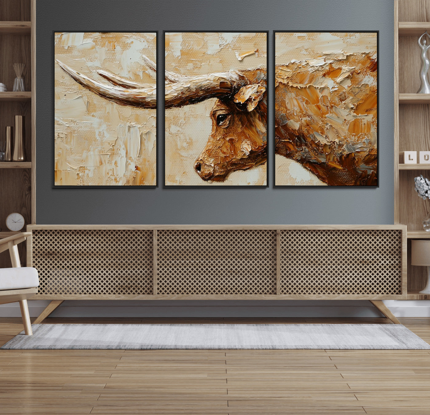 69611428-MGV-FC-60X30-3P_Black-Longhorn Bull Wall Art – Rustic Western Canvas Print, Textured Farmhouse Cattle Painting for Living Room, Office, or Ranch House