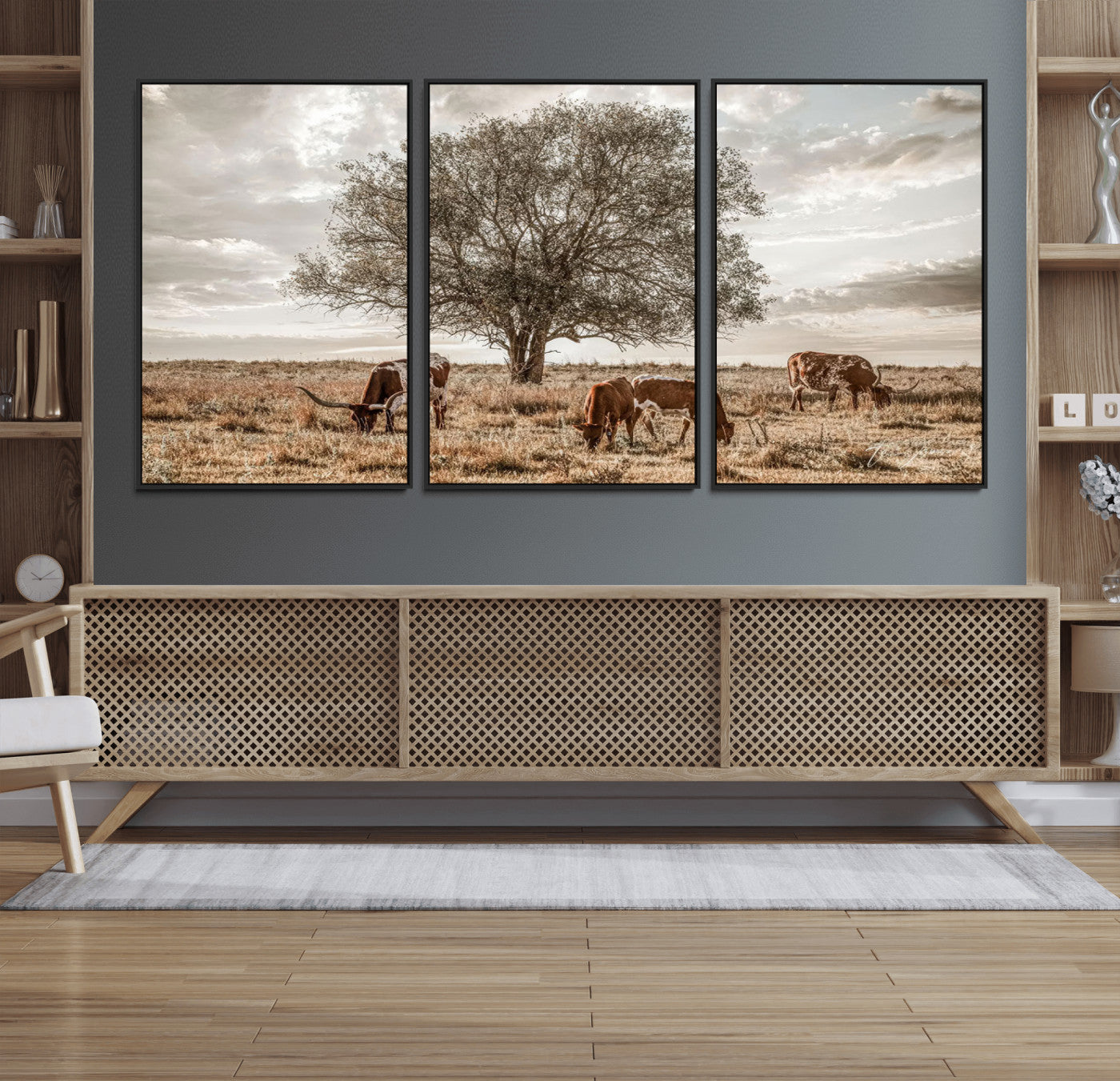 87590224-MGV-FC-60X30-3P_Black-Longhorn Cattle Wall Art – Rustic Western Landscape Canvas Print, Texas Farmhouse Prairie Scene for Living Room, Office, or Ranch
