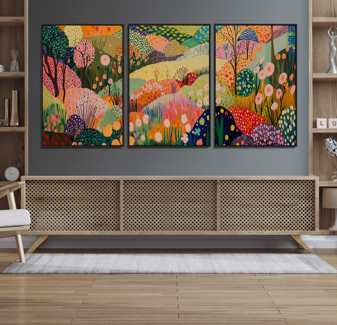 79636380-MGV-FC-60X30-3P_Black-Colorful Abstract Landscape Wall Art – Vibrant Hills and Flowers Canvas Print, Modern Whimsical Artwork for Living Room, Bedroom,