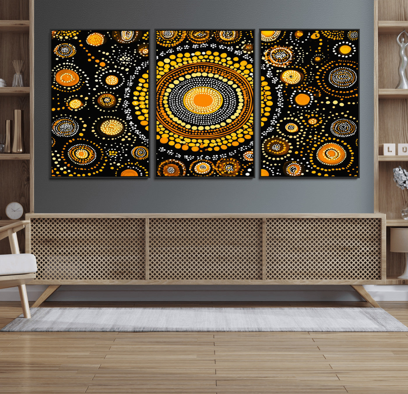 45478523-MGV-FC-60X30-3P_Black-Abstract Circle Wall Art – Bold Black and Gold Dot Painting Canvas Print, Modern Geometric Mandala Style Decor for Living Room or