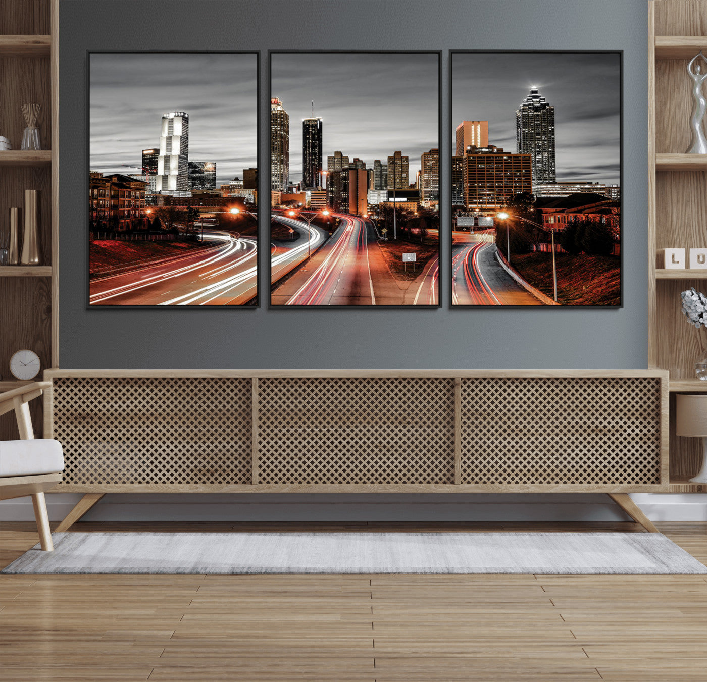 59097239-MGV-FC-60X30-3P_Black-City Skyline Wall Art – Modern Black and White Night Canvas Print with Red Light Trails, Urban Landscape Decor for Living Room or