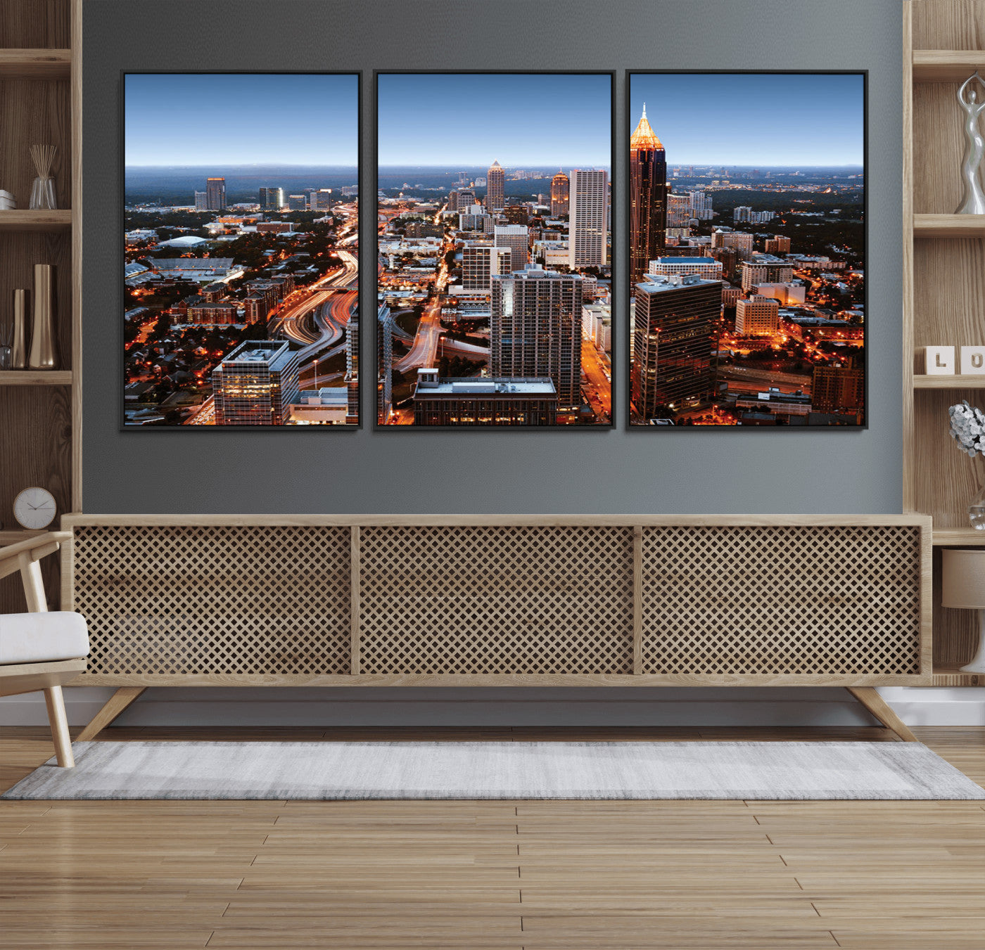 25096967-MGV-FC-60X30-3P_Black-Atlanta Skyline Wall Art – Vibrant Cityscape Canvas Print, Modern Night Lights Urban Decor for Office, Living Room, or Apartment