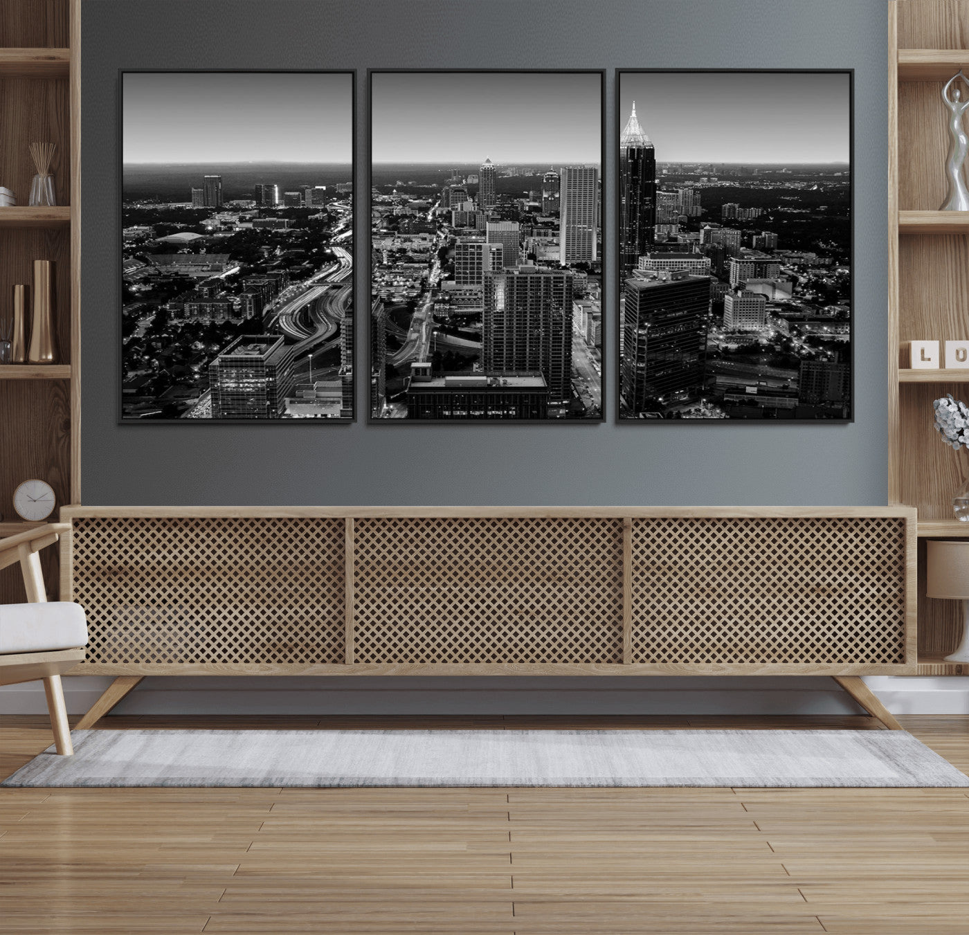 46578567-MGV-CV-36X24-Atlanta Skyline Wall Art – Black and White Cityscape Canvas Print, Modern Urban Night Decor for Office, Living Room, or Apartment