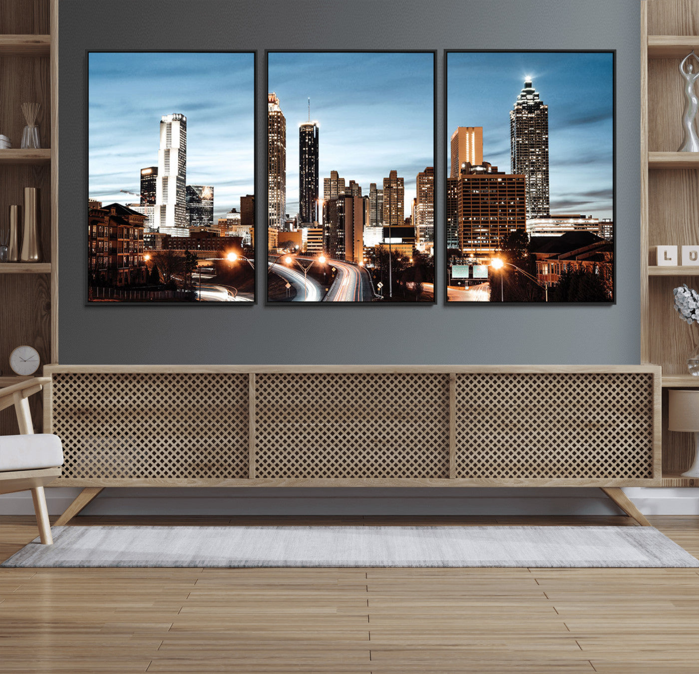 23859158-MGV-FC-60X30-3P_Black-Atlanta Skyline Wall Art – Modern Cityscape Canvas Print with Night Lights and Traffic Trails, Urban Decor for Office, Apartment,