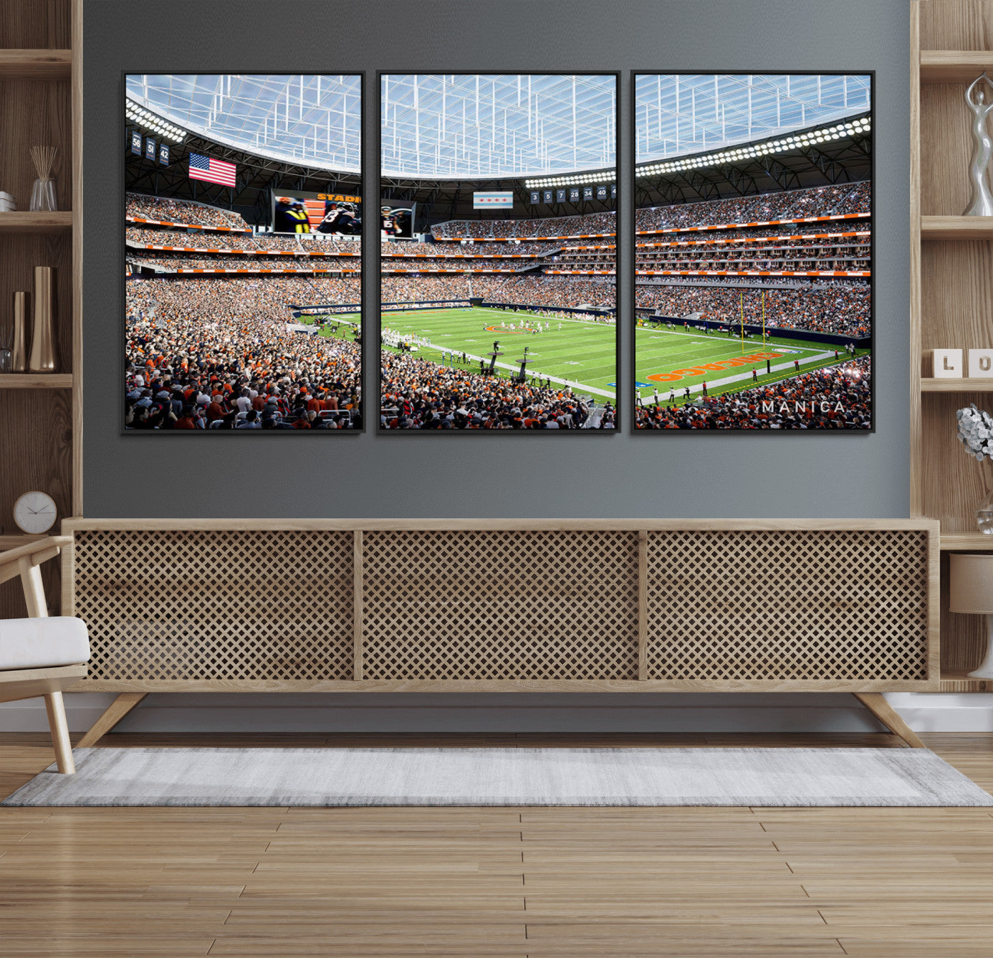 32530647-MGV-CV-36X24-Chicago Bears Stadium Wall Art – Futuristic Dome Arena Canvas Print, Modern Football Concept Design Decor for Man Cave, Bar, or