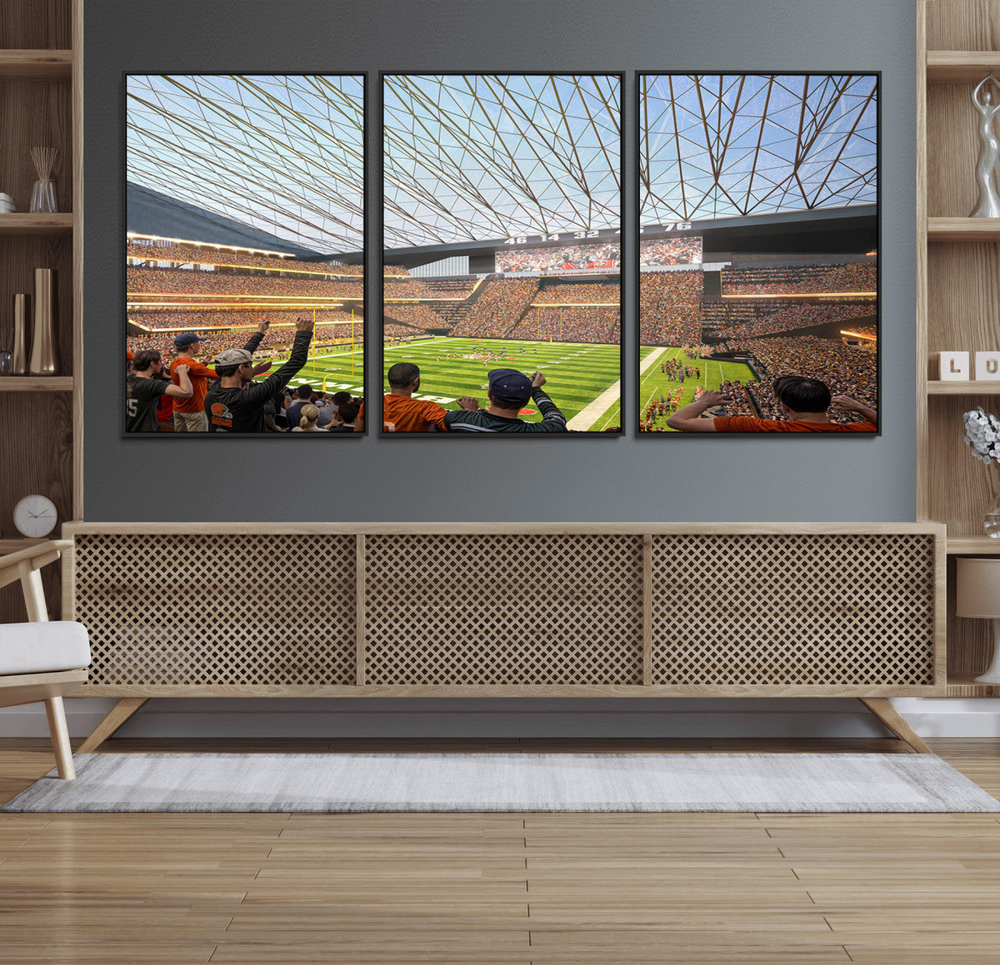 81960112-MGV-FC-60X30-3P_Black-Futuristic Football Stadium Wall Art – Modern Dome Arena Canvas Print, Chicago Bears Concept Design Sports Decor for Man Cave or
