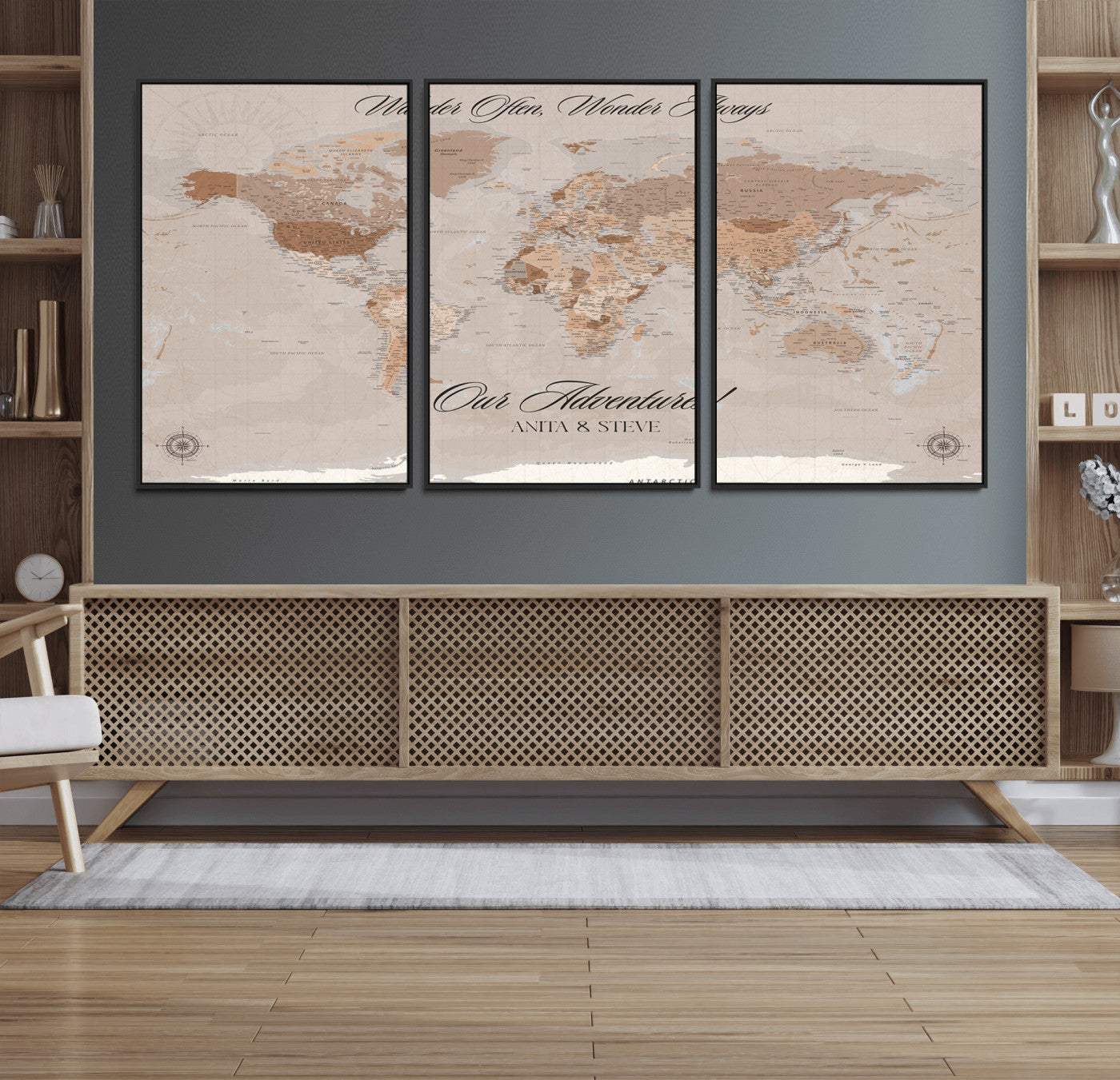 95243244-MGV-FC-60X30-3P_Black-Wander Often Wonder Always World Map Wall Art – Neutral Beige Adventure Canvas Print, Rustic Boho Travel Decor for Bedroom, Living