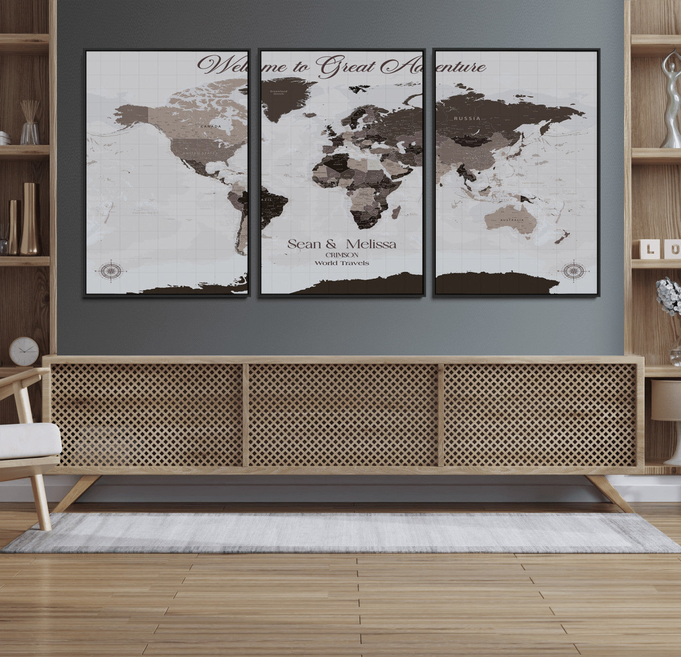 43749658-MGV-FC-60X30-3P_Black-Welcome to Great Adventure World Map Wall Art – Charcoal Gray Canvas Print, Rustic Travel Decor for Living Room, Study, Office or