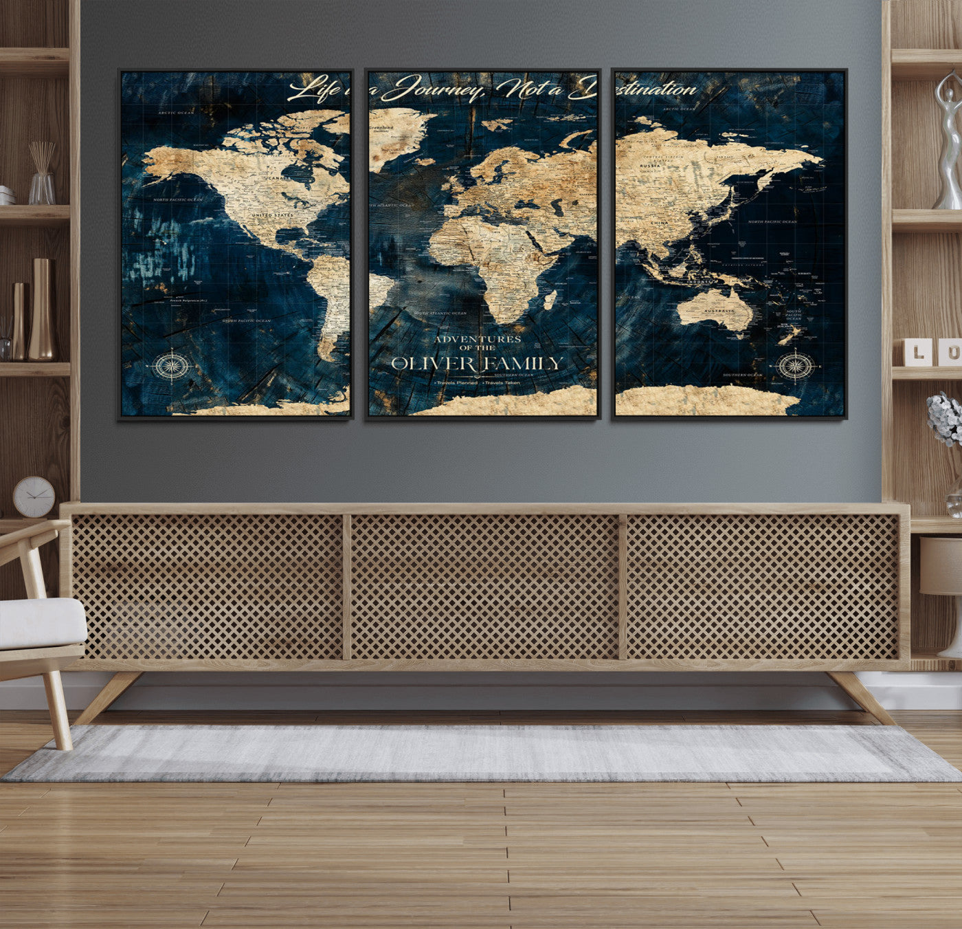 36970886-MGV-FC-60X30-3P_Black-Life is a Journey Not a Destination World Map Rustic Navy Beige Vintage Travel Wall Art Adventure Quote Canvas Print for Home