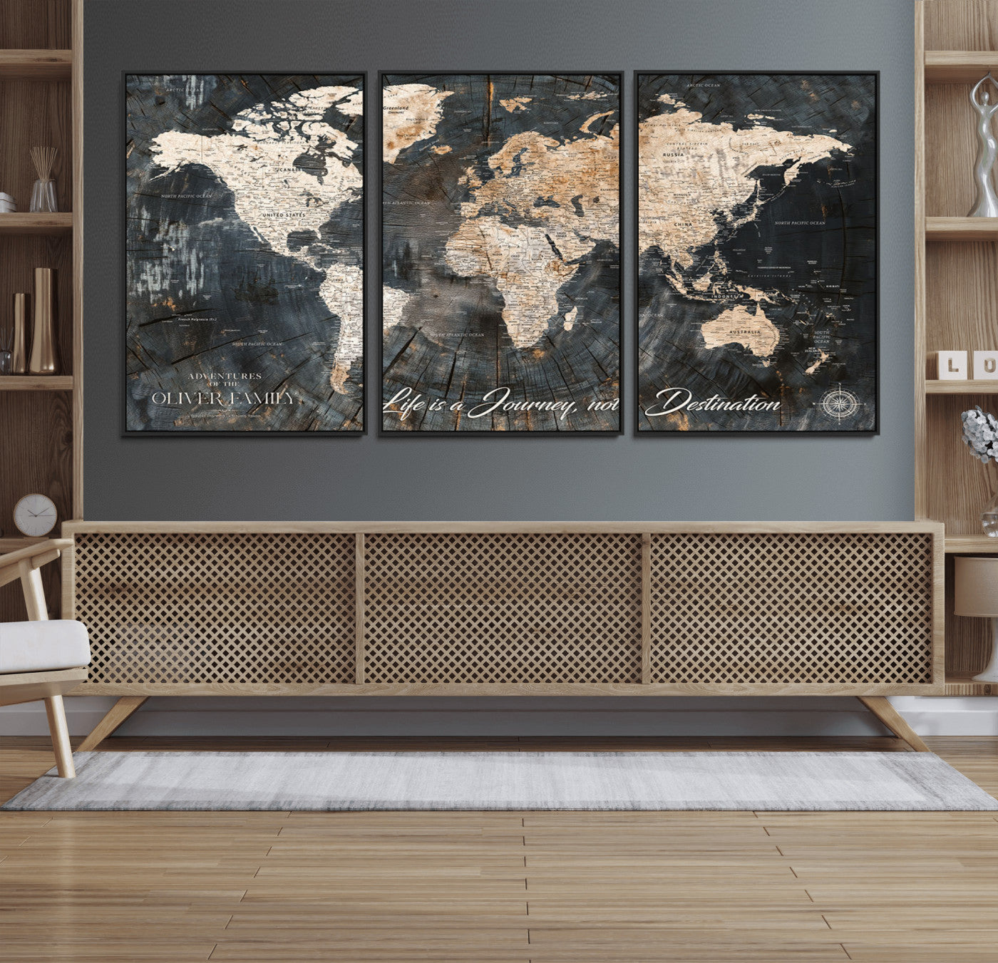 37848568-MGV-FC-60X30-3P_Black-Life is a Journey Not a Destination World Map Rustic Wood Texture Vintage Beige Navy Adventure Wall Art Canvas Print for Home