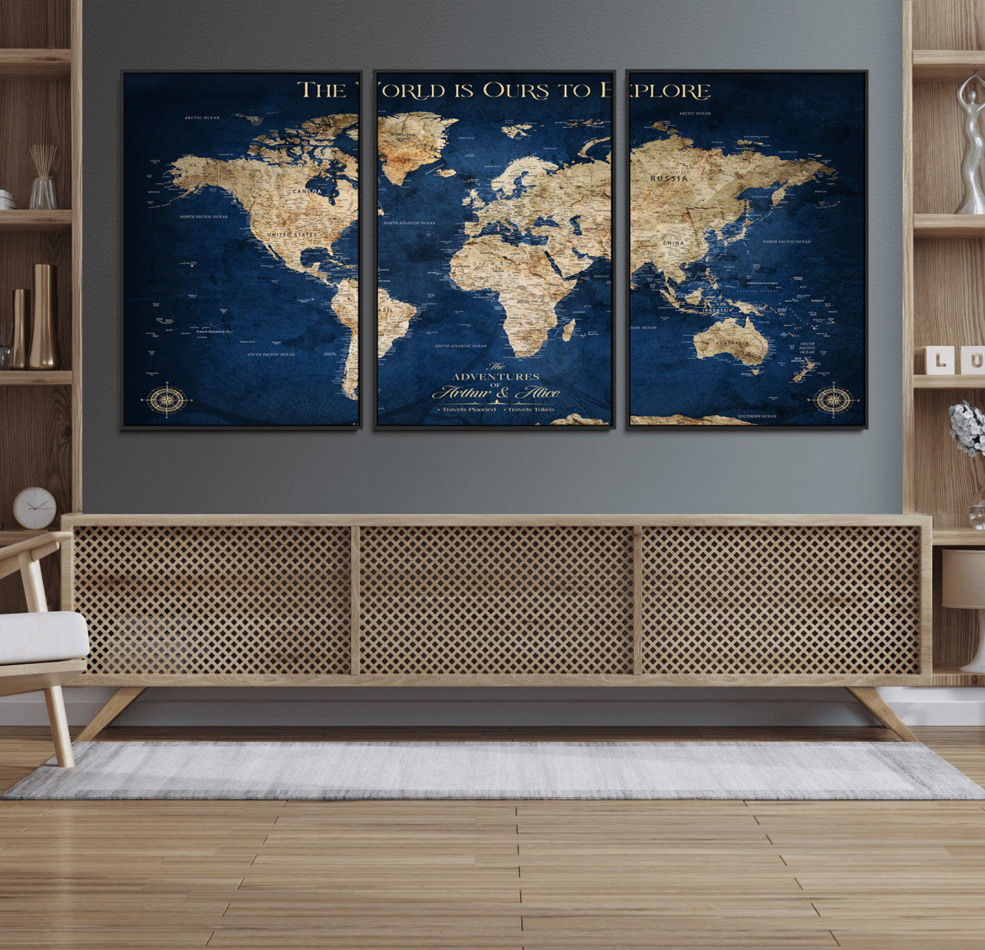 54782997-MGV-FC-60X30-3P_Black-The World is Ours to Explore Wall Art – Blue World Map Canvas Print, Adventure Travel Decor for Home, Office or Living Room,