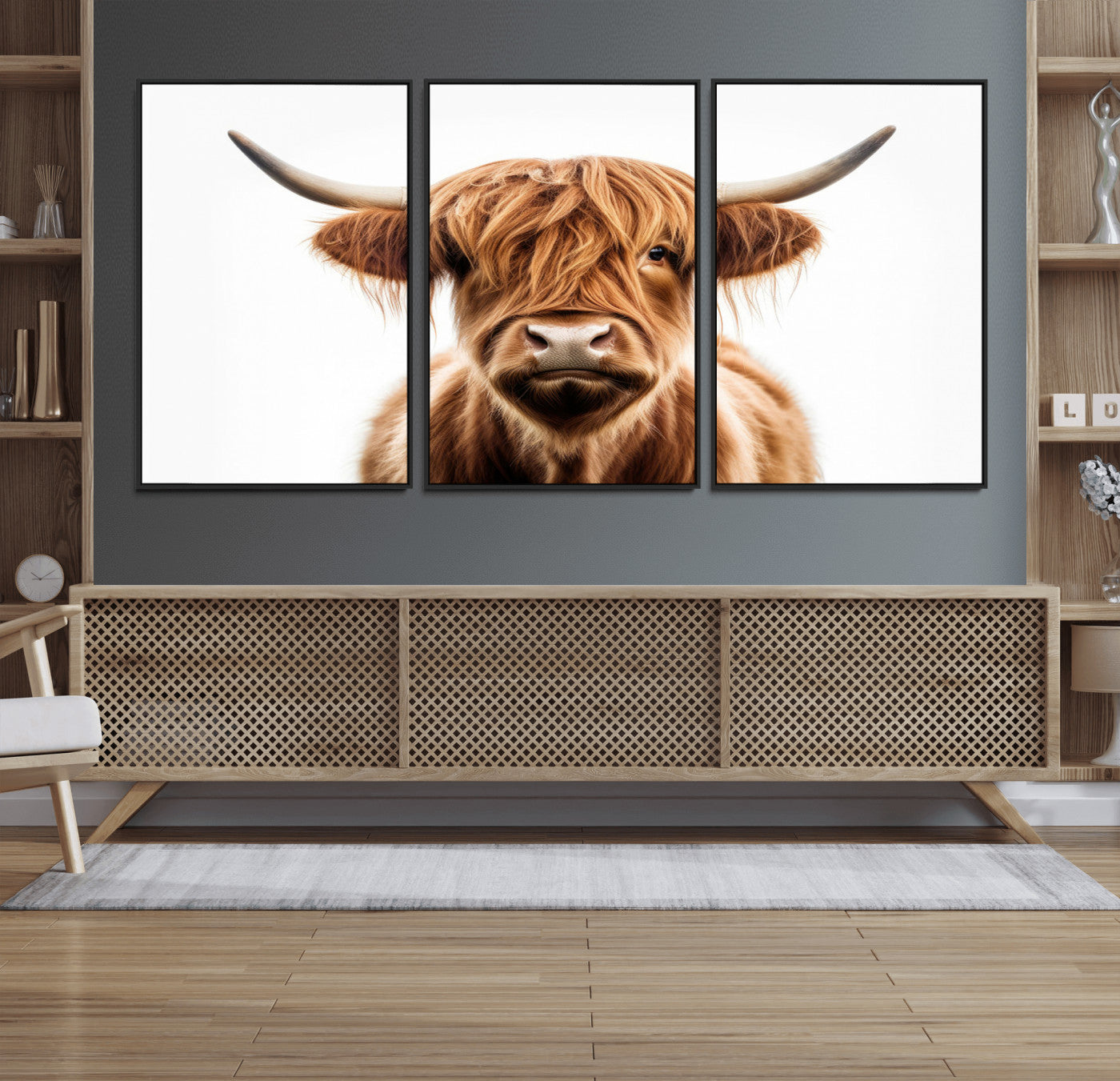 637908607-MGV-FC-93X47-3P_Black-Highland Cow Wall Art Print – Rustic Farmhouse Animal Portrait, Scottish Highland Cattle Canvas, Modern Country Wall Decor for