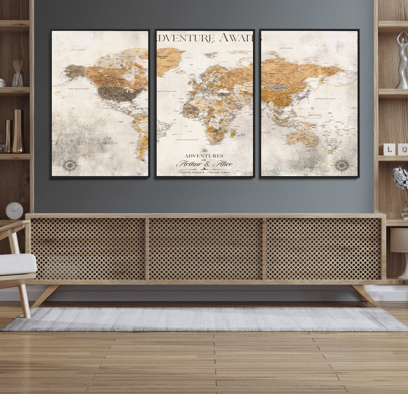 99422096-MGV-FC-60X30-3P_Black-Adventure Awaits World Map Wall Art – Neutral Beige Canvas Print, Modern Travel Inspired Wall Decor for Living Room, Bedroom or