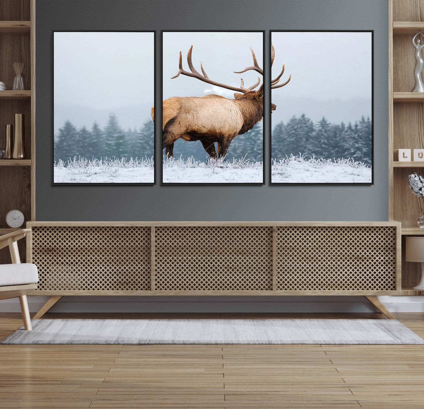 85177251-MGV-FC-60X30-3P_Black-Elk Wall Art – Majestic Wildlife Canvas Print of Bull Elk Snowy Forest, Rustic Nature Decor for Living Room, Cabin, or Office