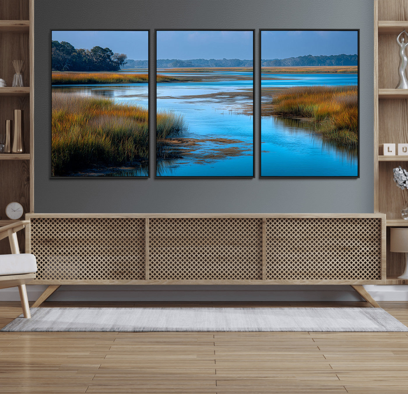 26300004-MGV-CV-36X24-Tranquil Marshland Canvas Wall Art – Blue Water, Reflective Sky, Golden Grasses, Calm Nature Landscape, Scenic Outdoor Beauty for