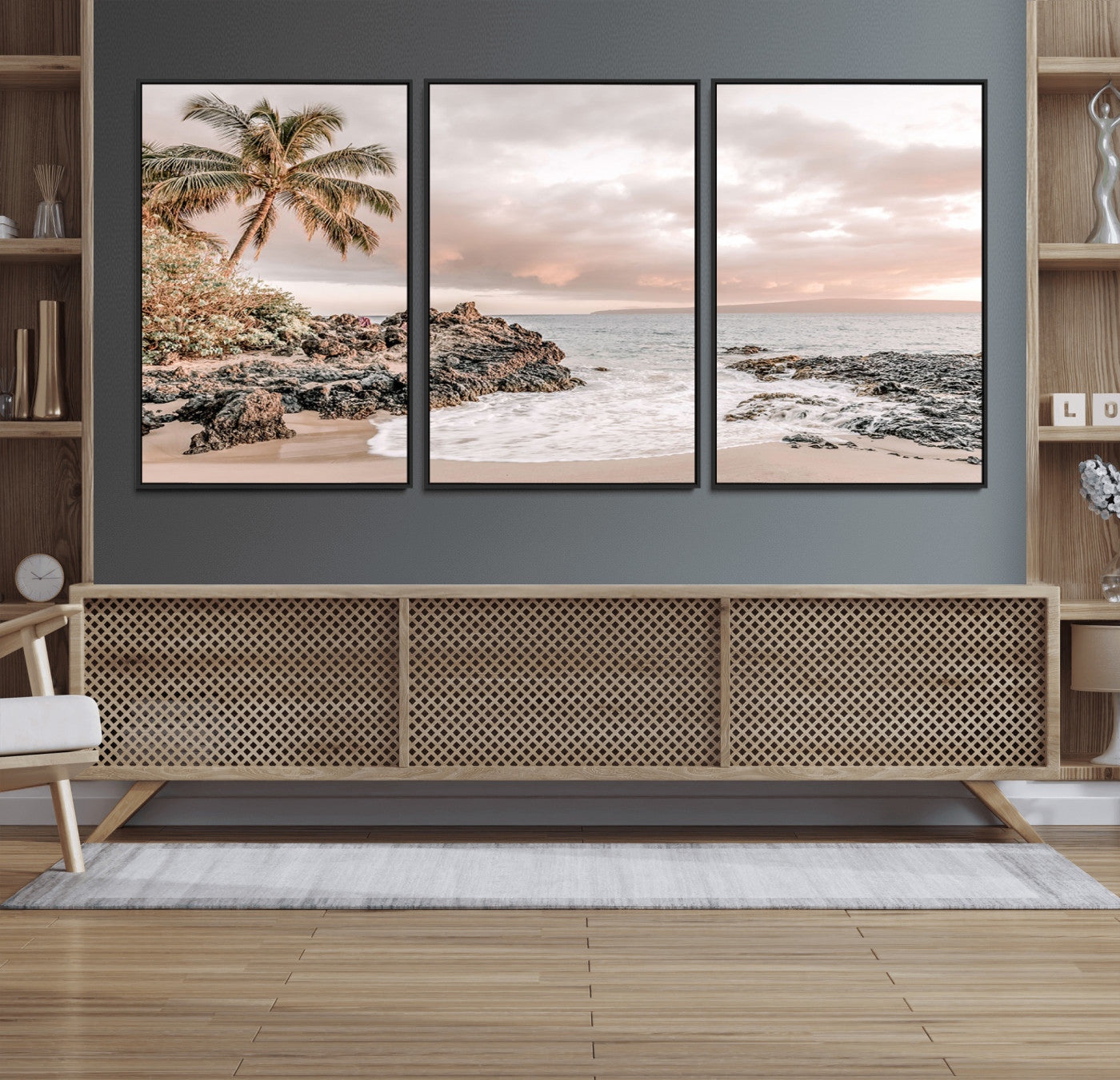 18005328-MGV-FC-60X30-3P_Black-Tropical Beach Wall Art – Coastal Ocean Canvas Print with Palm Tree, Sunset Sky and Rocky Shore, Serene Seascape Photography for