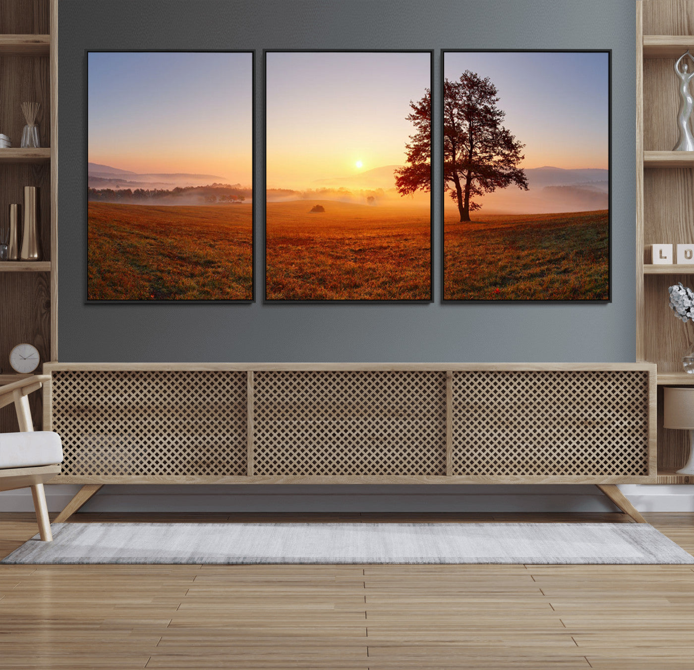 57919623-MGV-FC-60X30-3P_Black-Sunrise Landscape Wall Art – Golden Morning Canvas Print with Tree, Misty Hills and Open Field, Peaceful Nature Photography for