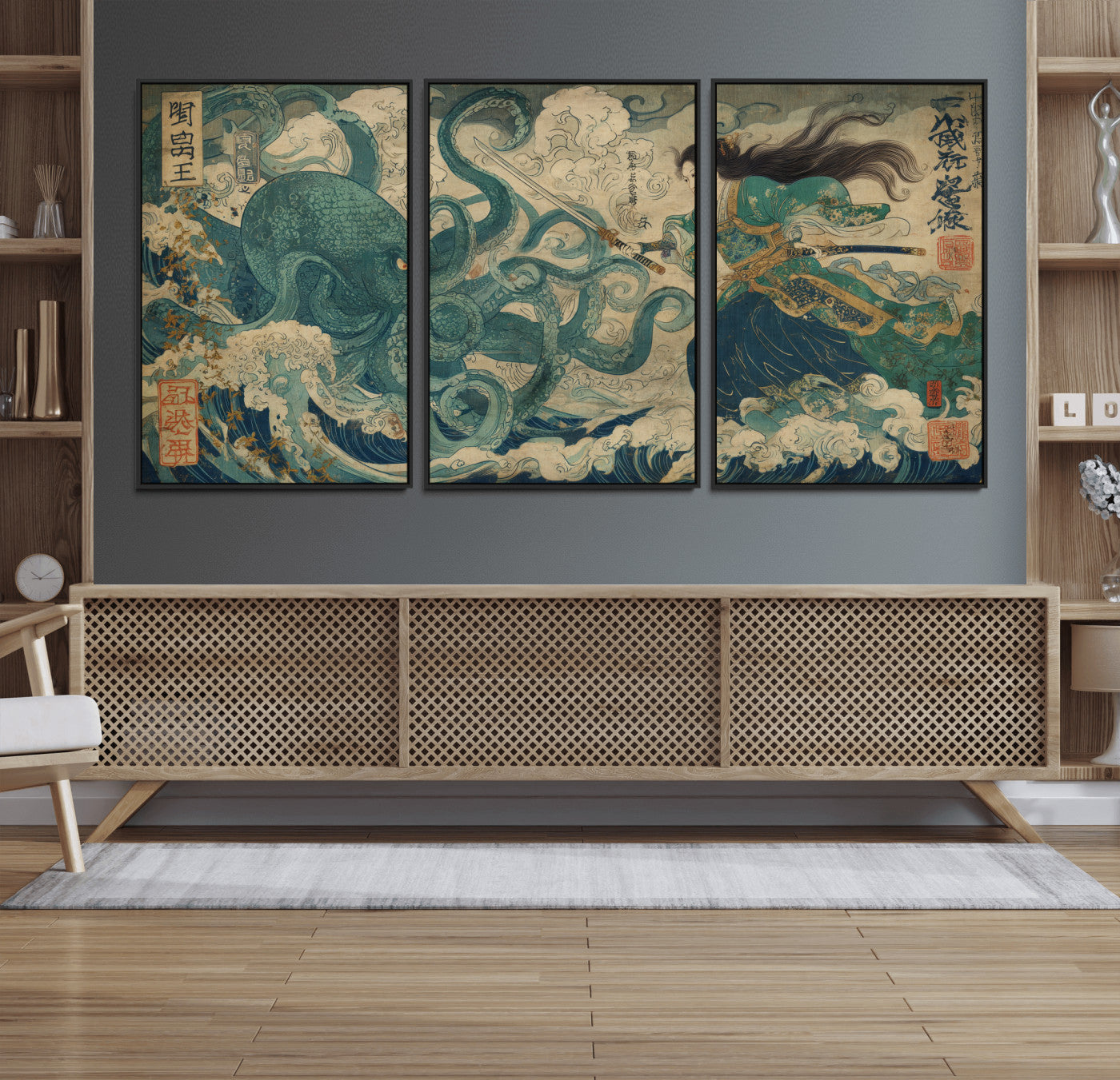 60346622-MGV-CV-36X24-Tsukioka Yoshitoshi Samurai Wall Art Print, Japanese Katana Warrior Canvas Wall Art, Octopus Sea Monster Canvas Print,