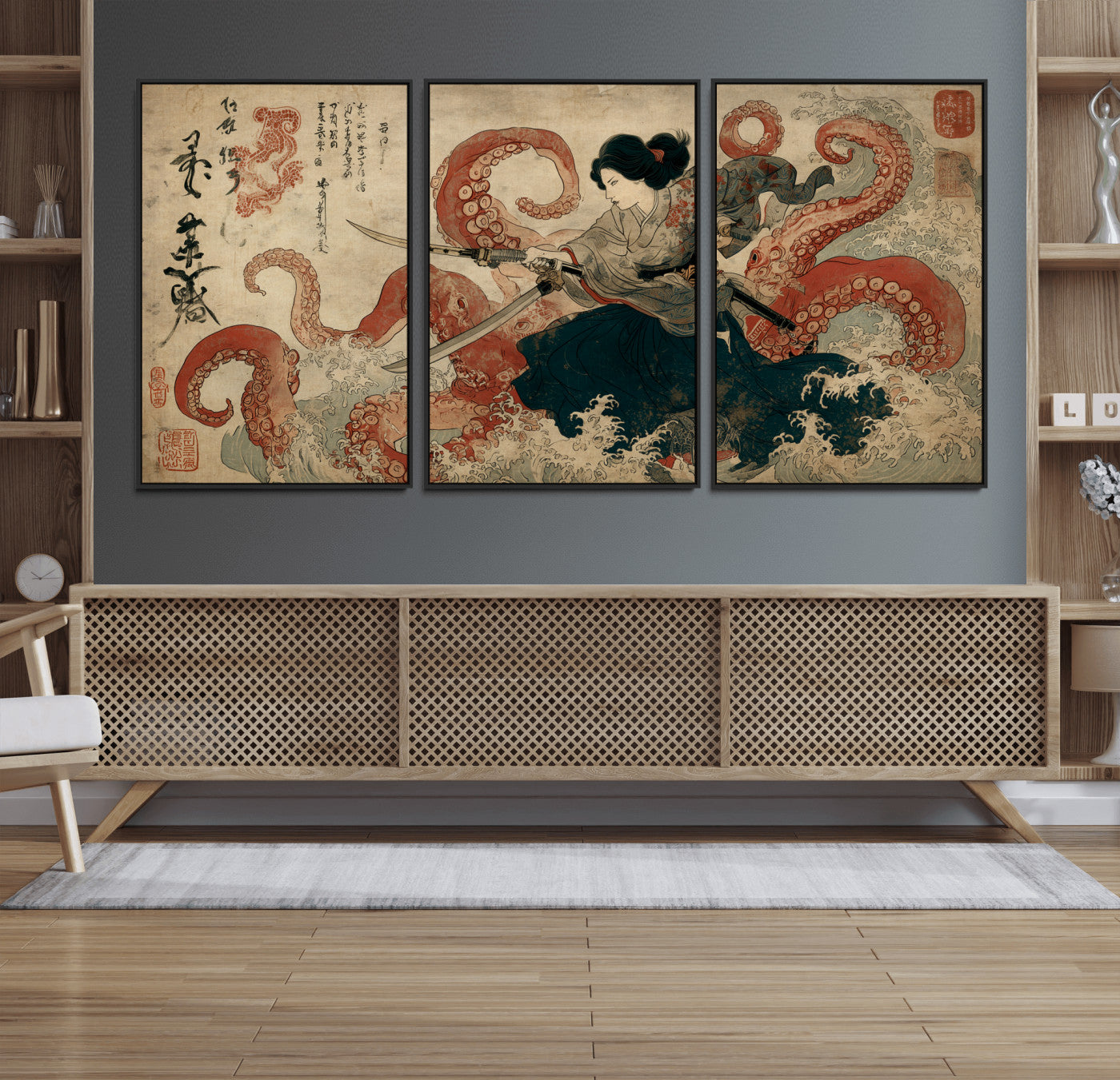 50812504-MGV-FC-60X30-3P_Black-Samurai Woman vs Octopus Wall Art – Japanese Ukiyo-e Red Tentacle Canvas Print, Ocean Battle Artwork for Living Room, Office, Man