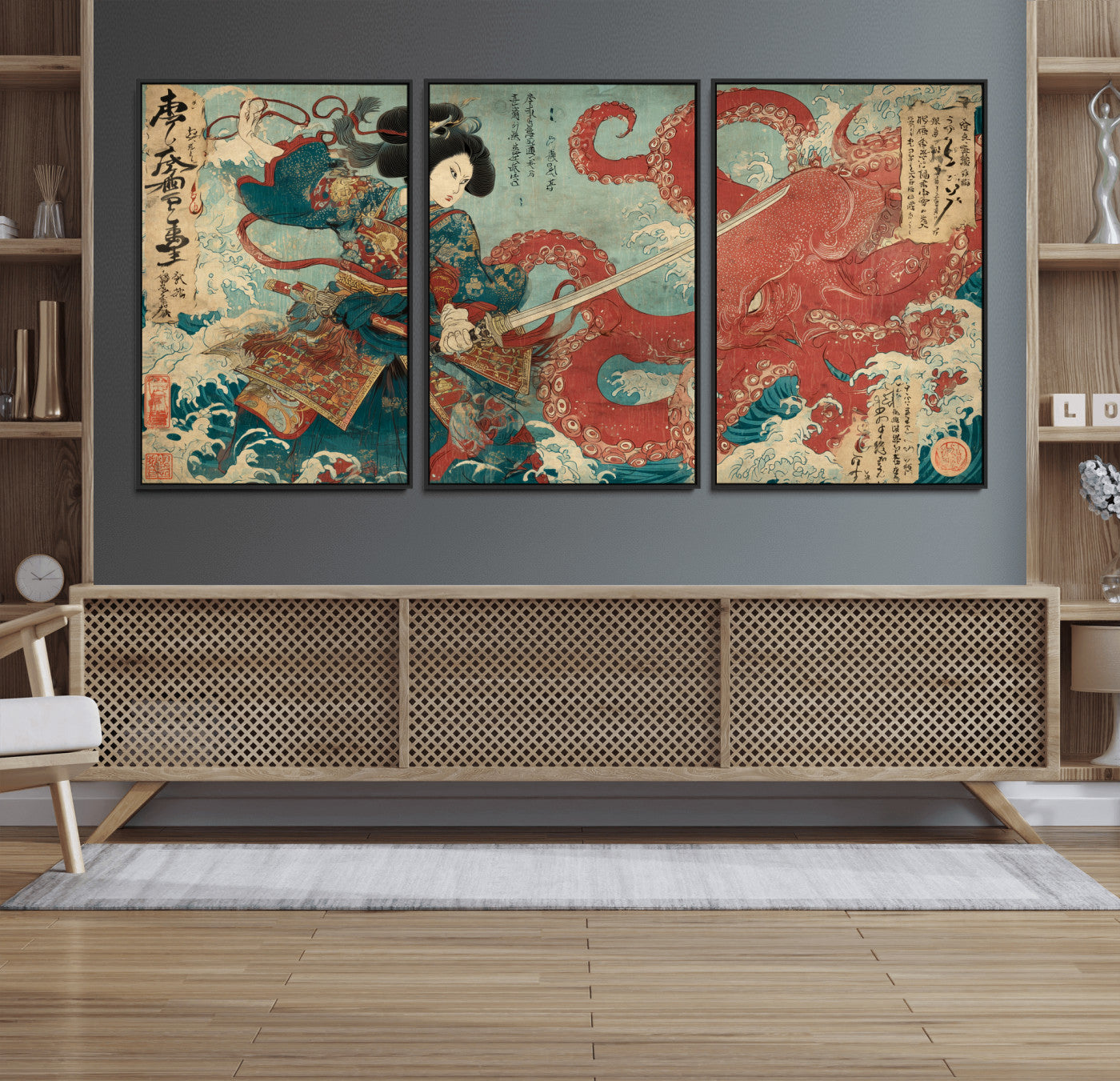 68844327-MGV-CV-36X24-Tsukioka Yoshitoshi Samurai Wall Art Print, Japanese Katana Warrior Canvas Wall Art, Octopus Sea Monster Canvas Print,