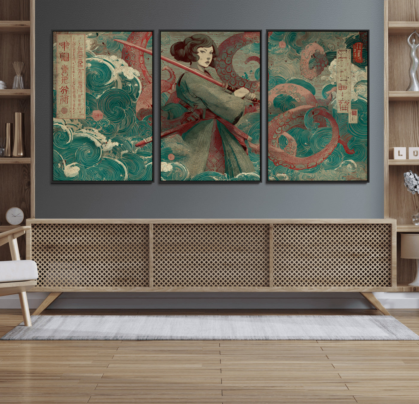 91666601-MGV-FC-60X30-3P_Black-Samurai Woman vs Octopus Wall Art – Japanese Ukiyo-e Green Robe Canvas Print, Ocean Battle Artwork for Living Room, Office, Man