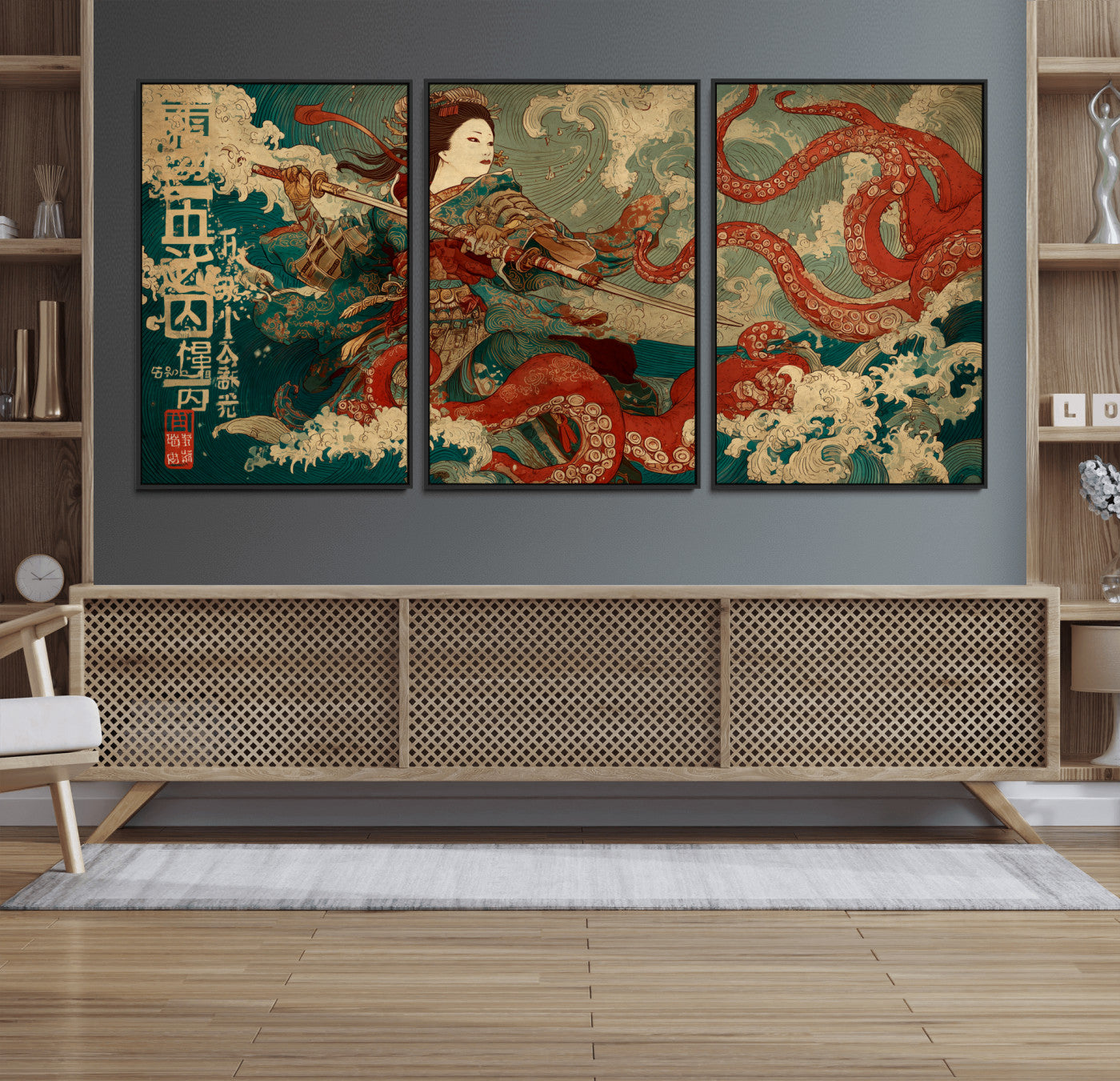 60201267-MGV-FC-60X30-3P_Black-Samurai Woman vs Octopus Wall Art – Japanese Ukiyo-e Armor Canvas Print, Red Tentacle Ocean Battle Artwork for Living Room,
