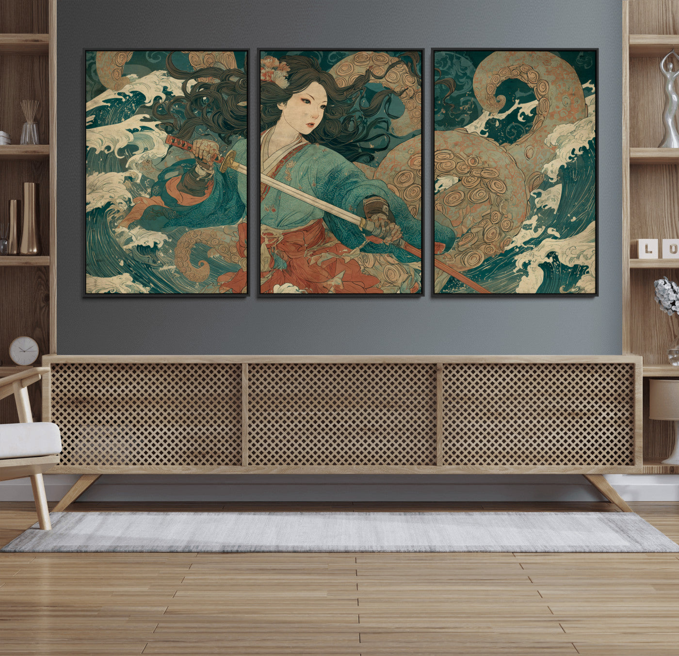 79740258-MGV-CV-36X24-Tsukioka Yoshitoshi Samurai Wall Art Print, Japanese Katana Warrior Canvas Wall Art, Octopus Sea Monster Canvas Print,
