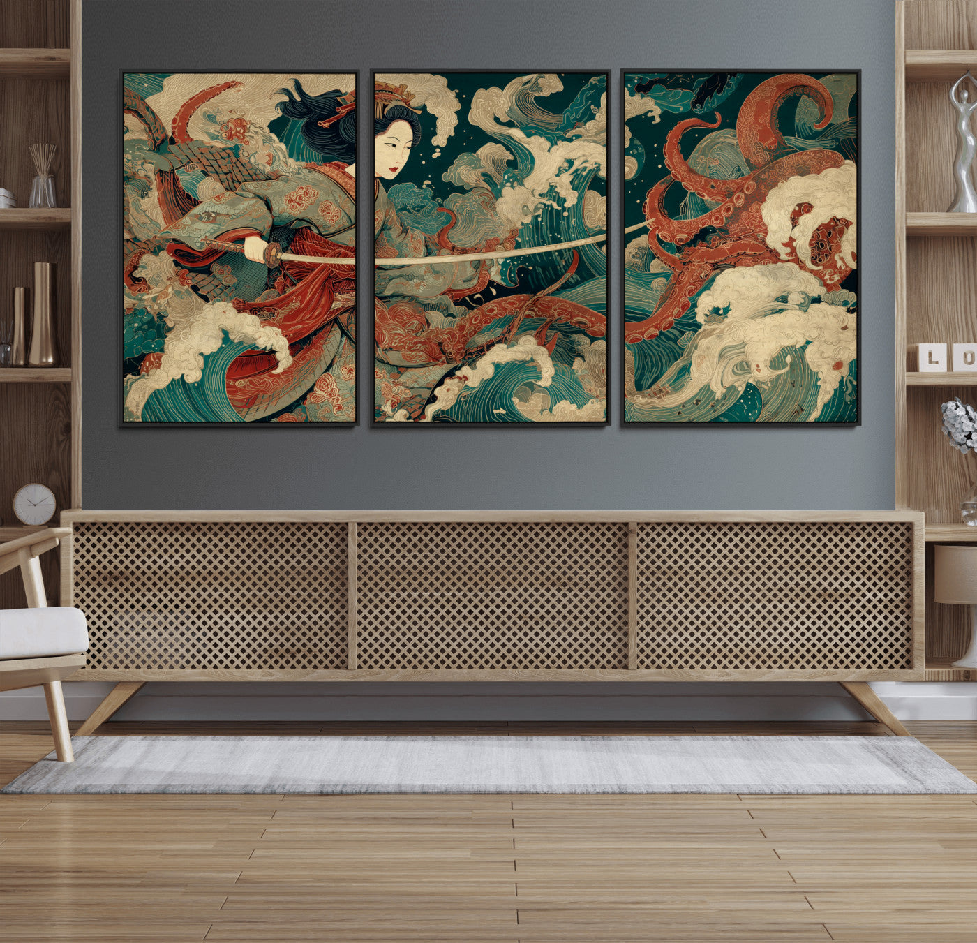 30212982-MGV-FC-60X30-3P_Black-Samurai Woman vs Octopus Wall Art – Japanese Ukiyo-e Style Warrior and Sea Monster Canvas Print, Mythology Inspired Artwork for
