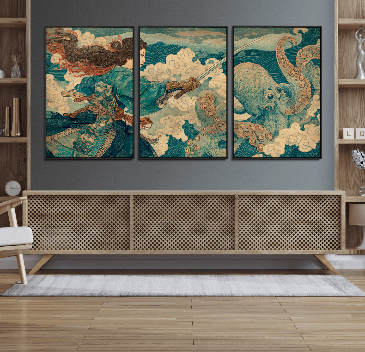 99764195-MGV-FC-60X30-3P_Black-Samurai vs Octopus Wall Art – Japanese Ukiyo-e Style Warrior and Sea Monster Canvas Print, Mythology Inspired Artwork for Living