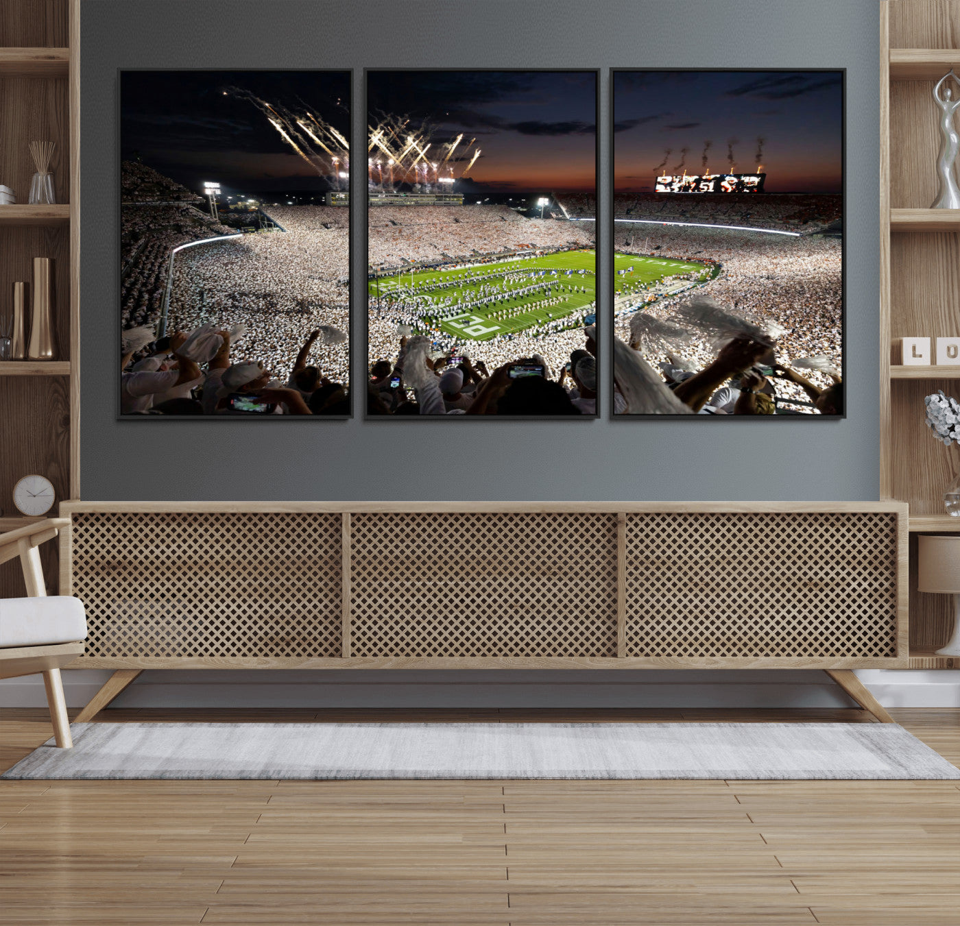 Penn-MGV-FC-60X30-3P_Black-Football Stadium Wall Art – Panoramic Night Game Canvas Print, Packed Crowd with Fireworks, Sports Decor for Office, Man Cave, Bar