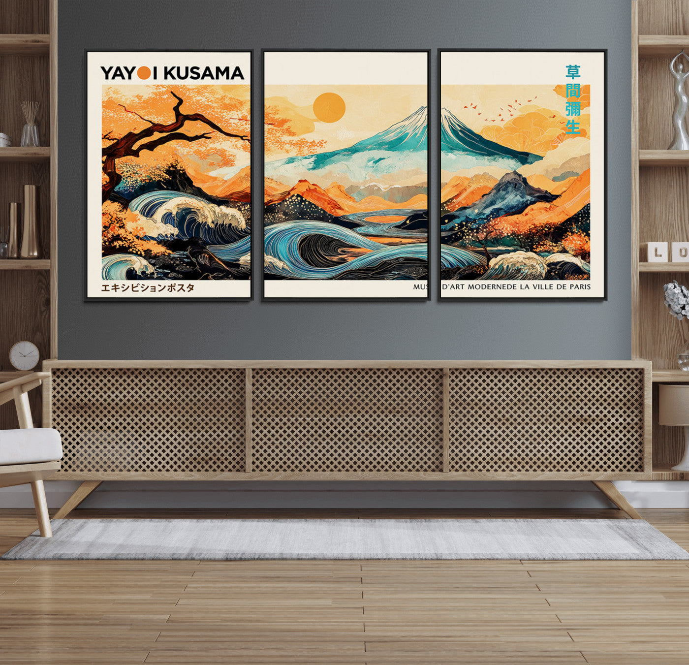 94085549-MGV-FC-60X30-3P_Black-Japanese Wave and Mountain Wall Art – Panoramic Abstract Landscape Canvas Print, Asian Inspired Nature Decor for Living Room,
