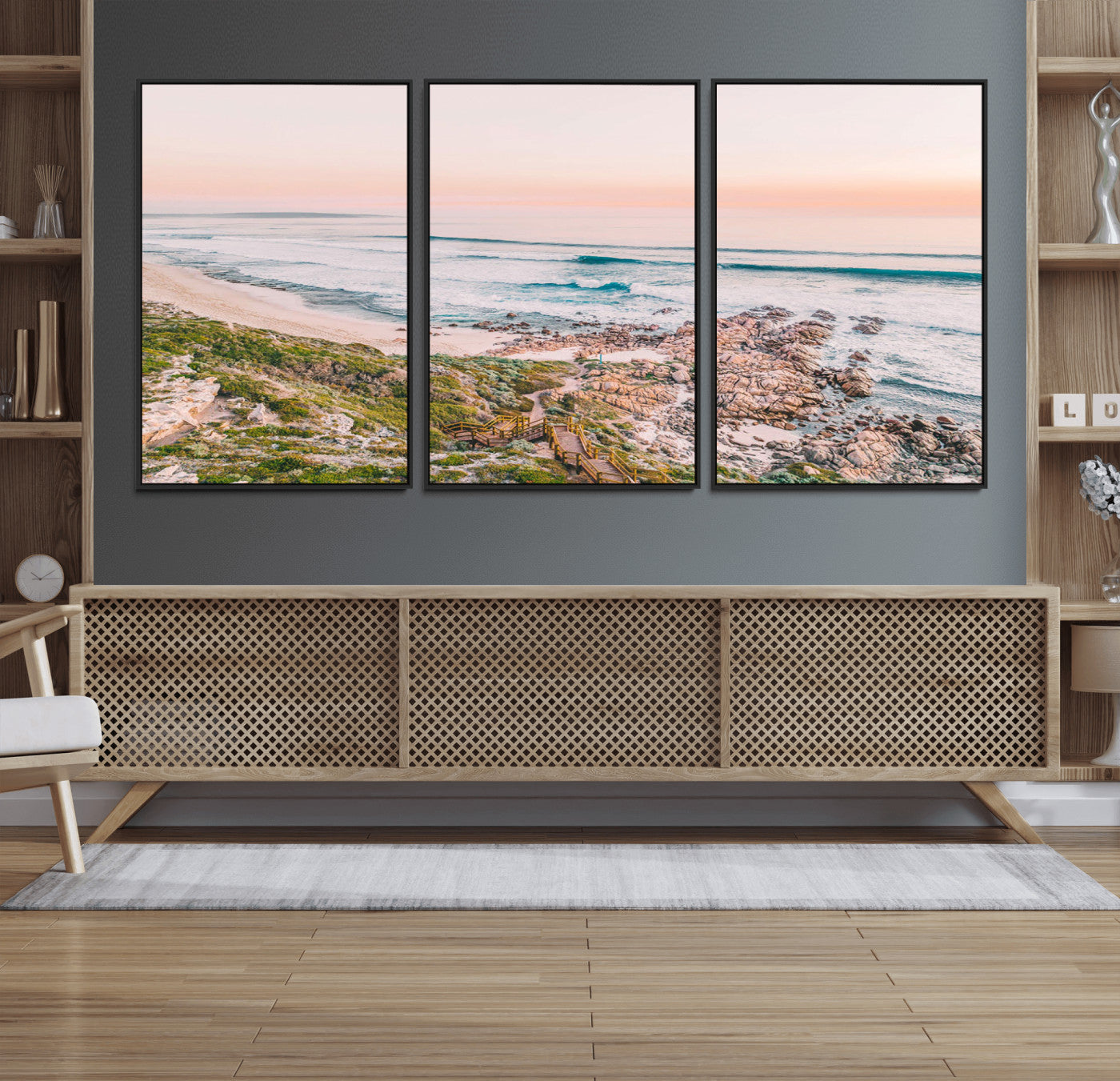 27332135-MGV-FC-60X30-3P_Black-Coastal Sunset Wall Art – Ocean Waves and Rocky Shore Canvas Print, Scenic Seaside Photography Decor for Bedroom, Living Room,