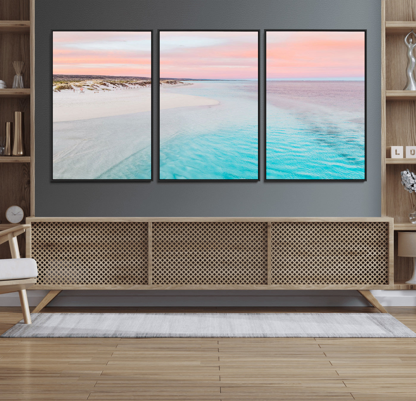 41613614-MGV-FC-60X30-3P_Black-Beach Sunset Wall Art – Pastel Ocean Canvas Print, Turquoise Water and Pink Sky Photography Decor for Bedroom, Living Room, Office