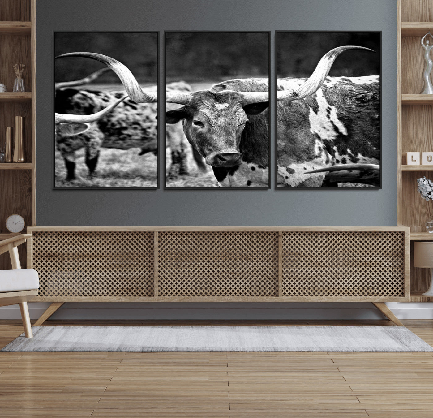 15425553-MGV-CV-36X24-Western Wall Art – Longhorn Cattle Black and White Canvas Print, Rustic Ranch Photography Decor for Bedroom, Living Room, Office,