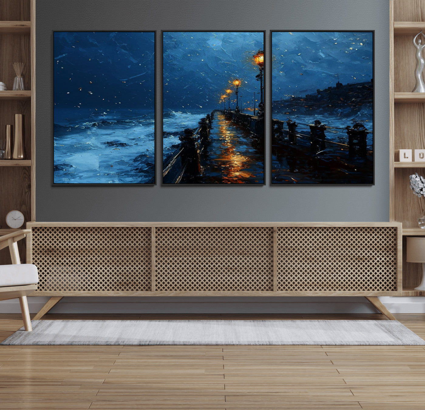 48300530-MGV-CV-36X24-Dark Stormy Pier Canvas Wall Art – Moody Ocean Night Scene with Street Lamps, Blue Coastal Seascape Print for Bedroom, Office, or