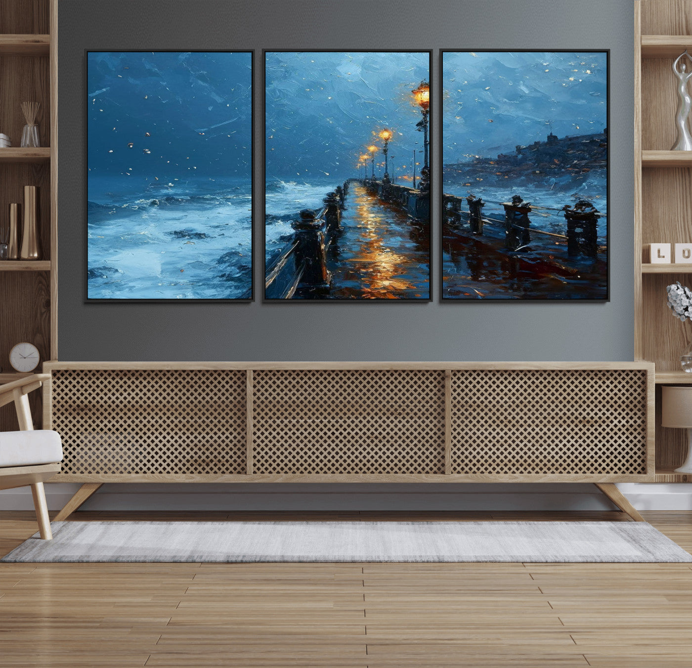 93793246-MGV-FC-60X30-3P_Black-Stormy Night Pier Canvas Wall Art – Moody Ocean Landscape with Lights, Blue Coastal Seascape Print for Bedroom, Living Room,