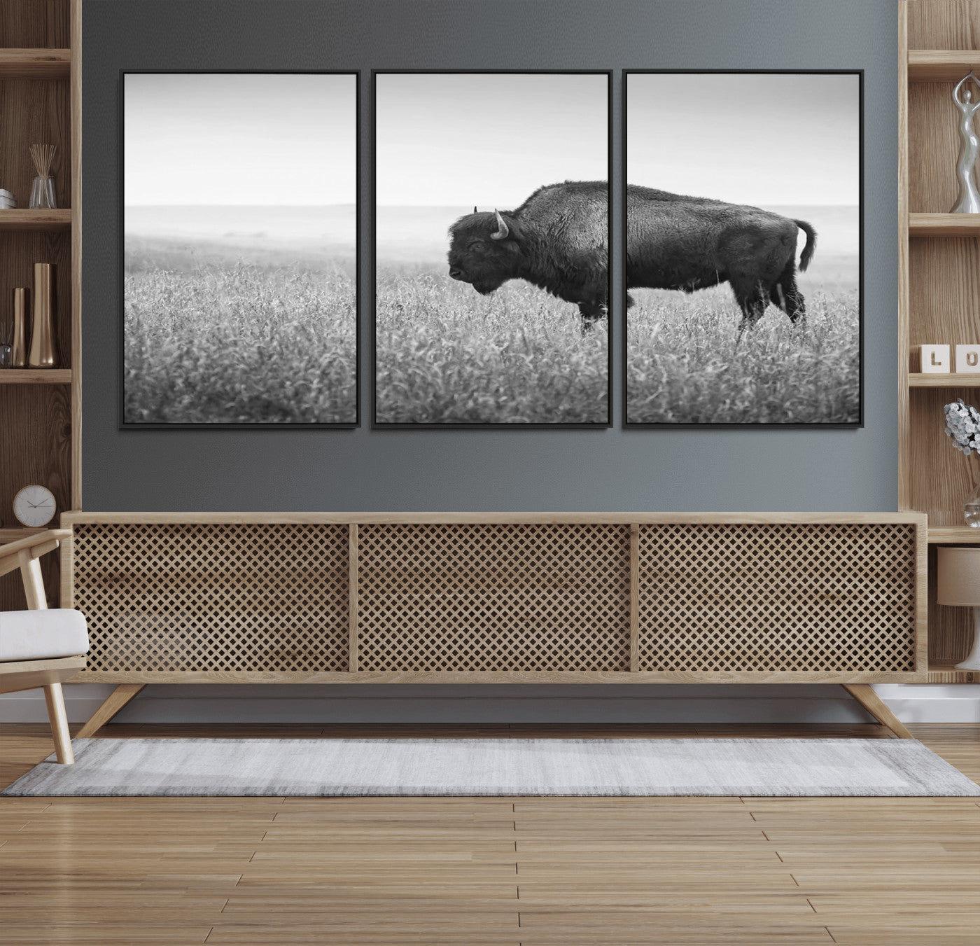 90861202-MGV-CV-36X24-Black and White Bison Canvas Wall Art – Rustic American Buffalo Print, Western Wildlife Photography for Farmhouse, Cabin, Office