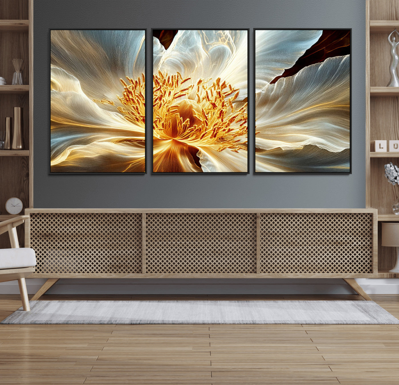 20862576-MGV-FC-60X30-3P_Black-Golden Abstract Flower Canvas Wall Art – Modern Botanical Bloom Print, Elegant Floral Artwork for Living Room, Bedroom, Office