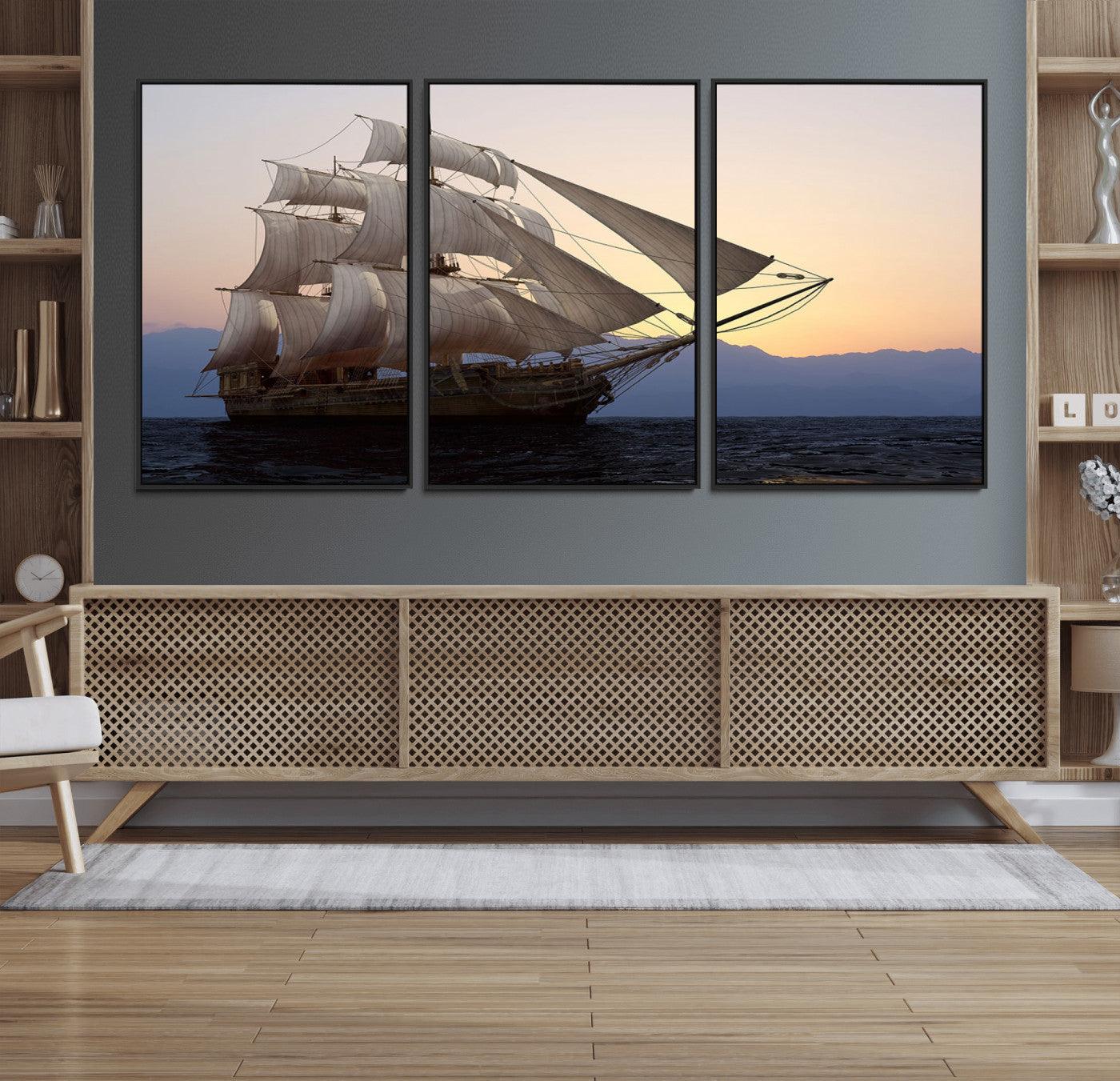 99957679-MGV-FC-60X30-3P_Black-Majestic Sailing Ship Wall Art – Sunset Ocean Voyage, Classic Tall Ship with Wind Filled Sails Canvas Print for Home, Office,