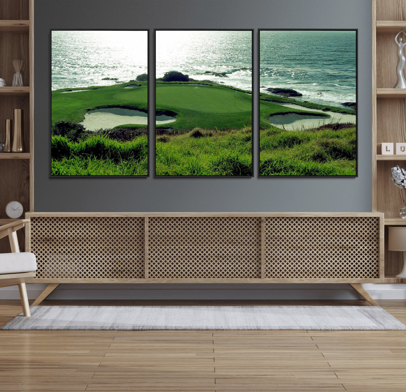 48473947-MGV-FC-60X30-3P_Black-Ocean Golf Course Wall Art – Panoramic Green Fairway Canvas Print, Coastal Golf Landscape Photography Sports Decor for Office, Man