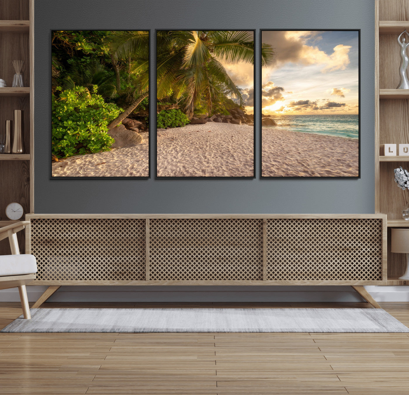 89531159-MGV-FC-60X30-3P_Black-Tropical Beach Sunset Canvas Wall Art – Palm Trees Golden Sand Ocean Waves Coastal Paradise Print for Beach House Bedroom Bathroom