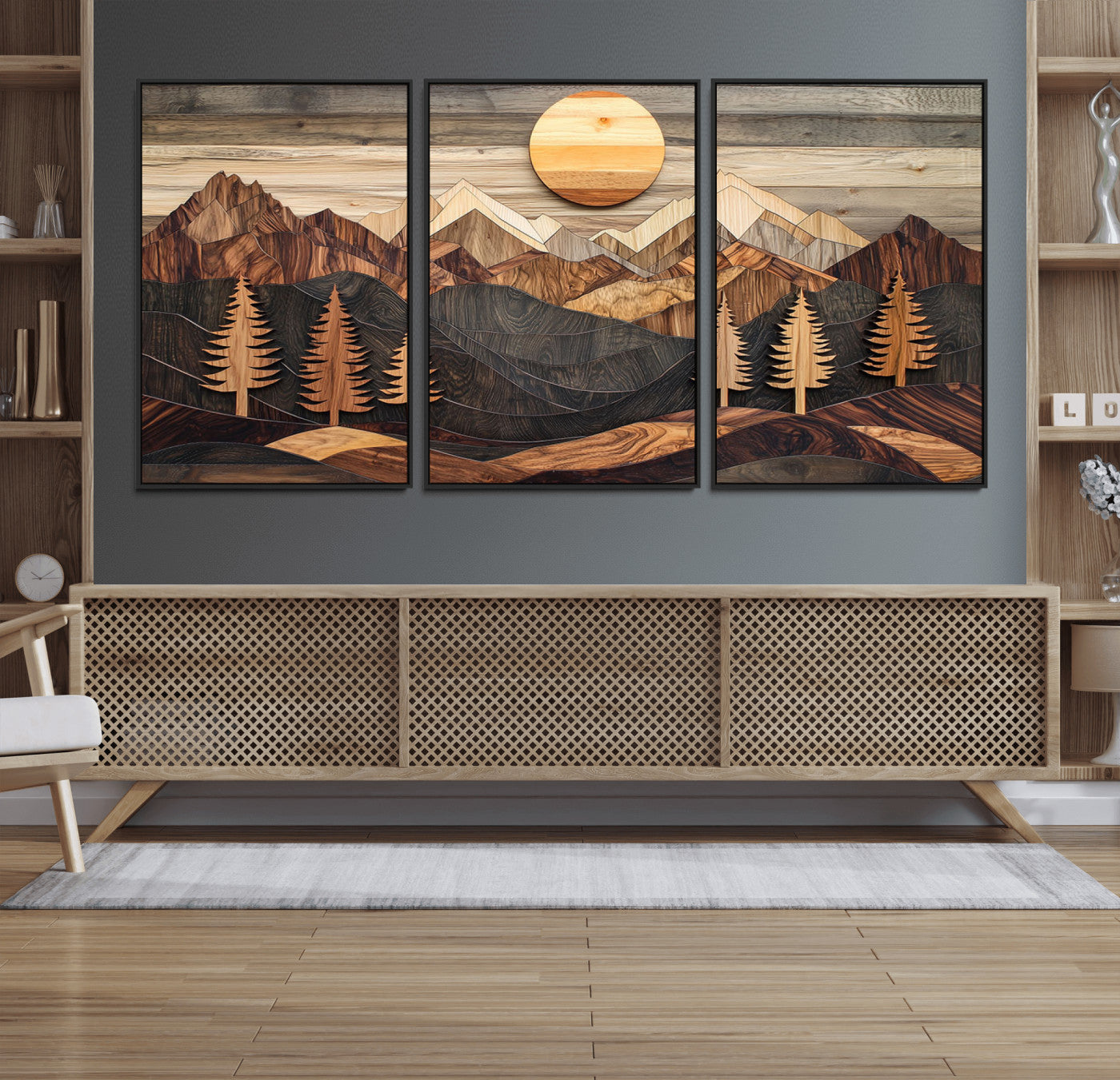 90044381-MGV-FC-60X30-3P_Black-Rustic Wall Art – Wooden Mountain Landscape with Sun and Pine Trees, Handcrafted Nature Canvas Style Decor for Bedroom, Living