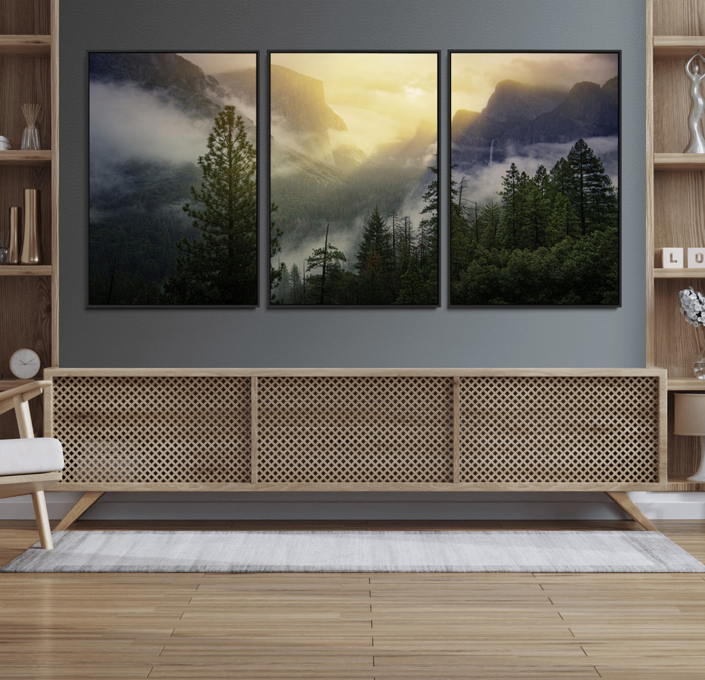 38316884-MGV-FC-60X30-3P_Black-Landscape Wall Art – Misty Mountain Valley Canvas Print, Scenic Pine Forest and Sunrise Photography Decor for Bedroom, Living